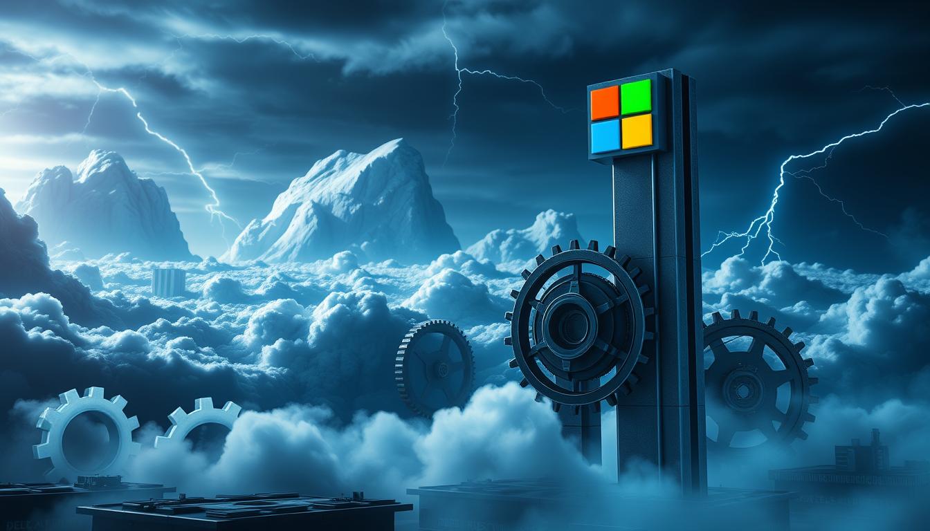 Microsoft’s Strategy to Dominate the Cloud Software Market - EconoMix Plus A high-tech, futuristic scene depicting the strategic acquisitions fueling Microsoft's cloud growth. In the foreground, a sleek, metallic representation of the EconoMix Plus brand logo stands tall, symbolizing Microsoft's software dominance. In the middle ground, a series of interconnected gears and cogs represent the intricate web of acquisitions, mergers, and partnerships that have propelled Microsoft's cloud computing division. The background features a vast, dynamic landscape of clouds, lightning, and a moody, atmospheric lighting scheme, conveying the scale and power of Microsoft's cloud computing ambitions. The overall composition should evoke a sense of technological prowess, strategic vision, and Microsoft's relentless pursuit of market dominance.