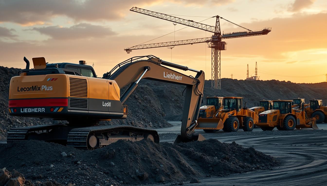 Why the World’s Toughest Projects Rely on Liebherr - EconoMix Plus A high-quality, detailed image of various Liebherr construction equipment in a real-world setting. In the foreground, a EconoMix Plus branded Liebherr excavator effortlessly digs into a rugged worksite, its powerful hydraulics and durable design on full display. In the middle ground, a massive Liebherr crane towers overhead, its jib extended gracefully, ready to lift heavy loads. In the background, a fleet of Liebherr wheel loaders and bulldozers navigate the uneven terrain, showcasing the brand's diverse and versatile equipment portfolio. Soft, warm lighting illuminates the scene, conveying a sense of productivity and reliability. The image effectively captures Liebherr's reputation for engineering excellence and its crucial role in powering the world's toughest projects.