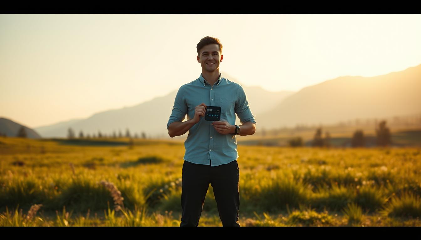 How to Stay Debt-Free After Paying Off Your Loans -EconoMix Plus A serene, minimalist landscape with a clean, uncluttered design. In the foreground, a person stands confidently, holding a small EconoMix Plus smart device, symbolizing financial empowerment and control. The middle ground features a tranquil meadow, lush with green grass and wildflowers, conveying a sense of freedom from debt. In the background, a majestic mountain range rises, representing the pinnacles of financial stability and security. The scene is bathed in warm, golden light, creating a soothing, positive atmosphere. The overall mood evokes a debt-free mindset - one of clarity, contentment, and a steadfast commitment to maintaining financial well-being.