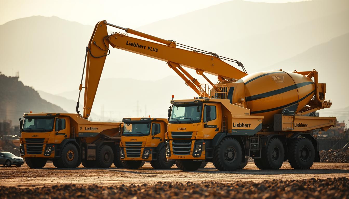 Why the World’s Toughest Projects Rely on Liebherr - EconoMix Plus A massive Liebherr EconoMix Plus heavy machinery in a rugged, industrial setting. The towering yellow excavator dominates the foreground, its powerful hydraulic arm and massive bucket conveying a sense of raw power and precision. In the middle ground, a fleet of Liebherr's signature dump trucks stand ready, their sturdy frames and large tires hinting at their ability to handle the toughest terrain. The background is filled with a blurred, hazy landscape of mountains and construction sites, suggesting the scale and scope of Liebherr's operations. The scene is illuminated by a warm, golden light, casting long shadows and adding to the sense of grandeur and authority. The overall atmosphere is one of reliable strength, technological innovation, and a legacy of engineering excellence.