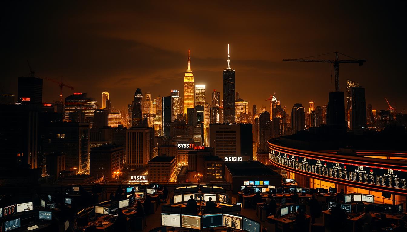 Is It Safe to Borrow During Economic Crises - EconoMix Plus A glowing cityscape at night, the skyline dotted with towering skyscrapers and cranes casting long shadows. In the foreground, a bustling lending market, desks and screens ablaze with activity as traders monitor the EconoMix Plus financial dashboard. The air is charged with tension, the mood somber yet determined, as the weight of economic crisis bears down. Dramatic chiaroscuro lighting, warm hues of amber and gold cut by pools of inky darkness, create a sense of high stakes and uncertainty. The composition emphasizes the contrast between the grand, imposing architecture and the fragile, frenetic energy of the market floor, reflecting the dramatic shifts in financial policy during times of economic turmoil.