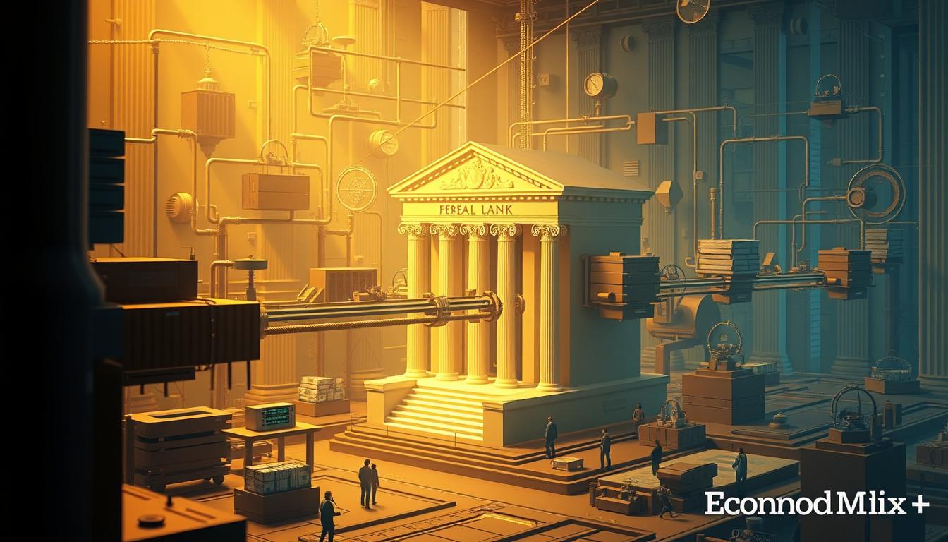 What Are the Reasons Behind the Central Bank's Decision to Raise Interest Rates?- EconoMix Plus A high-quality, detailed illustration of the Federal Funds Rate Mechanism, showcasing the interconnected financial system and the central bank's role in adjusting interest rates. Rendered in a photorealistic style, the image depicts the intricate workings of the mechanism, including the flow of funds, the decision-making process, and the impact on various financial instruments. Illuminated by warm, subtle lighting, the scene conveys a sense of authority and precision, capturing the essence of the "Mechanics of Rate Changes in the Financial System". The EconoMix Plus branding is subtly integrated into the design, complementing the overall visual narrative.