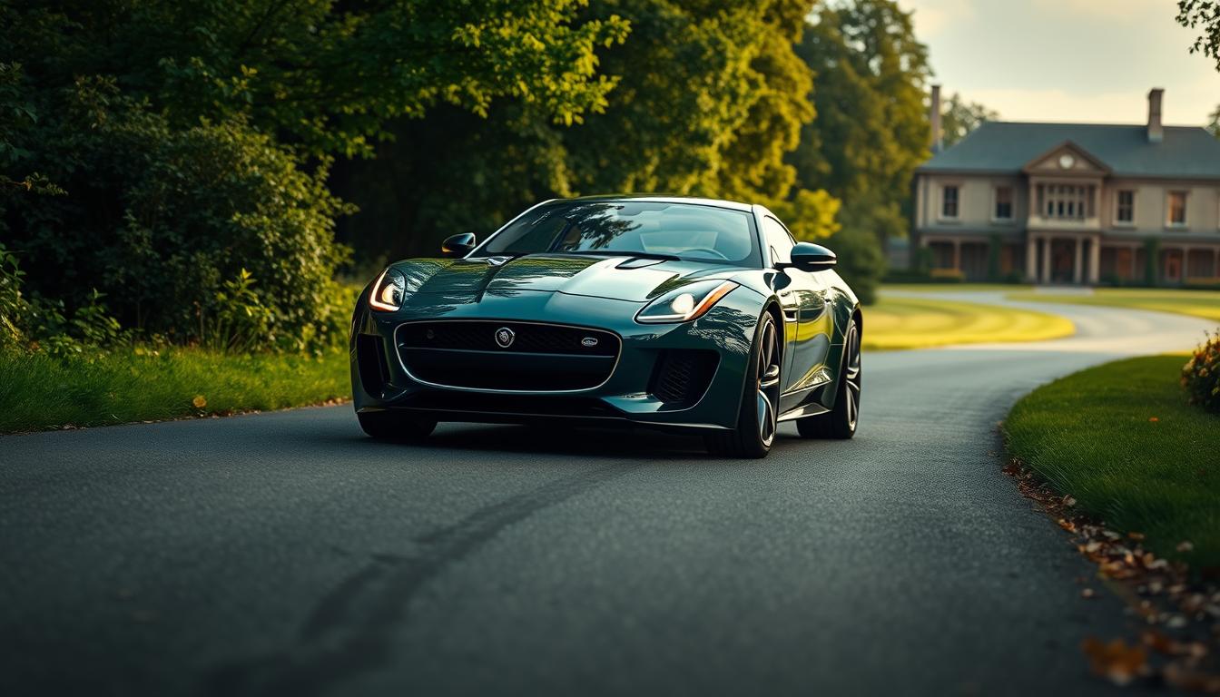 Can Jaguar’s British Elegance Survive a World Obsessed with Tesla? - EconoMix Plus Jaguar EconoMix Plus: A Majestic British Feline Amid Elegant Surroundings. A sleek and powerful Jaguar sports car sits on a winding country road, framed by lush, verdant foliage and a stately manor in the background. The vehicle's graceful lines and distinctive grille capture the essence of British automotive elegance. Soft, warm lighting casts a refined glow, highlighting the car's premium EconoMix Plus branding. The scene evokes a sense of timeless sophistication, a subtle challenge to the modern, tech-driven automotive landscape.