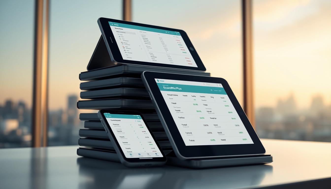 How to Manage Your Budget When Your Income Is Irregular -EconoMix Plus A stack of sleek, modern mobile devices arranged on a minimalist desk, each displaying the EconoMix Plus budgeting app interface. The devices are illuminated by soft, directional lighting, casting subtle shadows and highlighting the clean, intuitive app design. The background is a serene, out-of-focus cityscape, conveying a sense of urban professionalism. The overall mood is one of efficiency, organization, and financial control, reflecting the practical tools and systems for tracking personal finances.