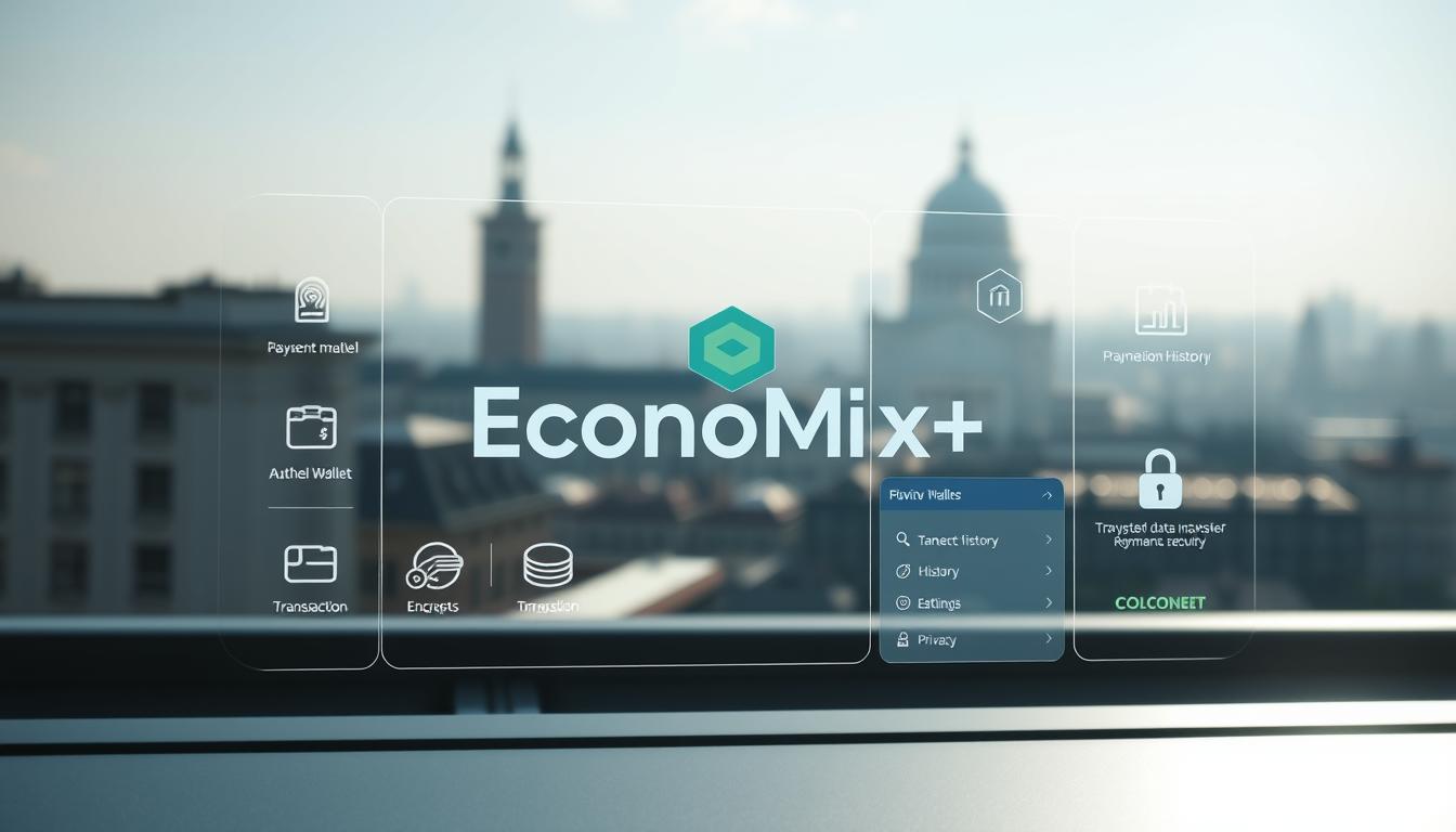 How to Choose the Most Secure Digital Payment Method? - EconoMix Plus A secure digital transaction interface with the EconoMix Plus logo prominently displayed. The foreground features a sleek, minimalist design with various payment method icons, biometric authentication options, and encrypted data transfer indicators. The middle ground showcases a virtual wallet, transaction history, and security settings. The background depicts a serene cityscape with architectural elements that convey a sense of privacy and protection. Lighting is soft and diffused, creating a calming, professional atmosphere. The camera angle is slightly elevated, providing an overview of the comprehensive digital payment ecosystem.