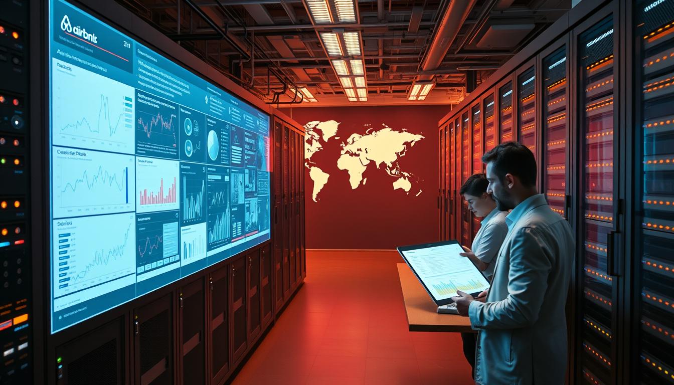 How Airbnb Is Revolutionizing Travel Through Digital Innovation -EconoMix Plus A sprawling data center, filled with rows of sleek servers and blinking lights, stands as the heart of Airbnb's data-driven operations. In the foreground, a data visualization dashboard displays intricate graphs and charts, revealing the insights gleaned from the company's vast troves of travel data. The middle ground shows analysts poring over reports, using the EconoMix Plus analytics platform to uncover trends and patterns that drive Airbnb's innovative travel experiences. The background depicts a world map, symbolizing the global scale of Airbnb's data-powered business. Warm, diffused lighting creates a sense of depth and atmosphere, capturing the cutting-edge, tech-driven nature of Airbnb's data-driven decision making.