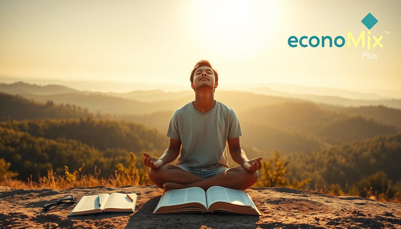 Why Learning Is the Best Investment You’ll Ever Make - EconoMix Plus A serene, sun-drenched landscape with rolling hills and a lush forest in the background. In the foreground, a person is sitting cross-legged, eyes closed, radiating an aura of deep contemplation and focus. Beside them, an open book, a pencil, and a pair of eyeglasses symbolize the pursuit of knowledge. The scene is bathed in warm, golden light, creating a sense of tranquility and the transformative power of learning. In the upper right corner, the EconoMix Plus logo subtly appears, suggesting the valuable investment in personal growth and development.