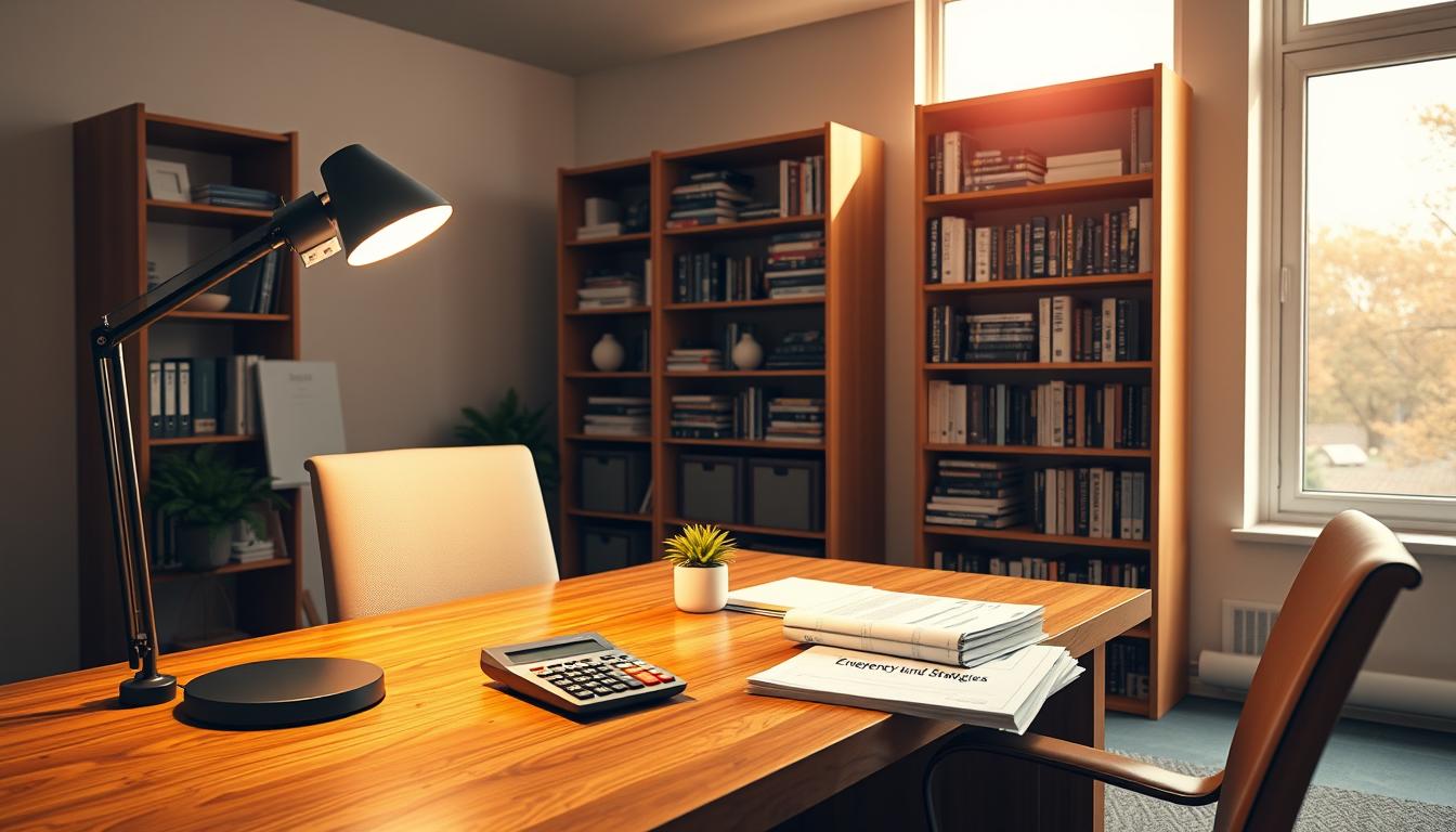 How to Stay Debt-Free After Paying Off Your Loans -EconoMix Plus A well-stocked modern home office with sleek wooden desk, adjustable LED desk lamp, and a tall bookshelf filled with financial books. On the desk, an "EconoMix Plus" brand calculator, a small potted plant, and a stack of papers labeled "Emergency Fund Strategies". The room is bathed in warm, natural light filtering through large windows, creating a calm, productive atmosphere. The overall scene conveys a sense of financial organization and stability.