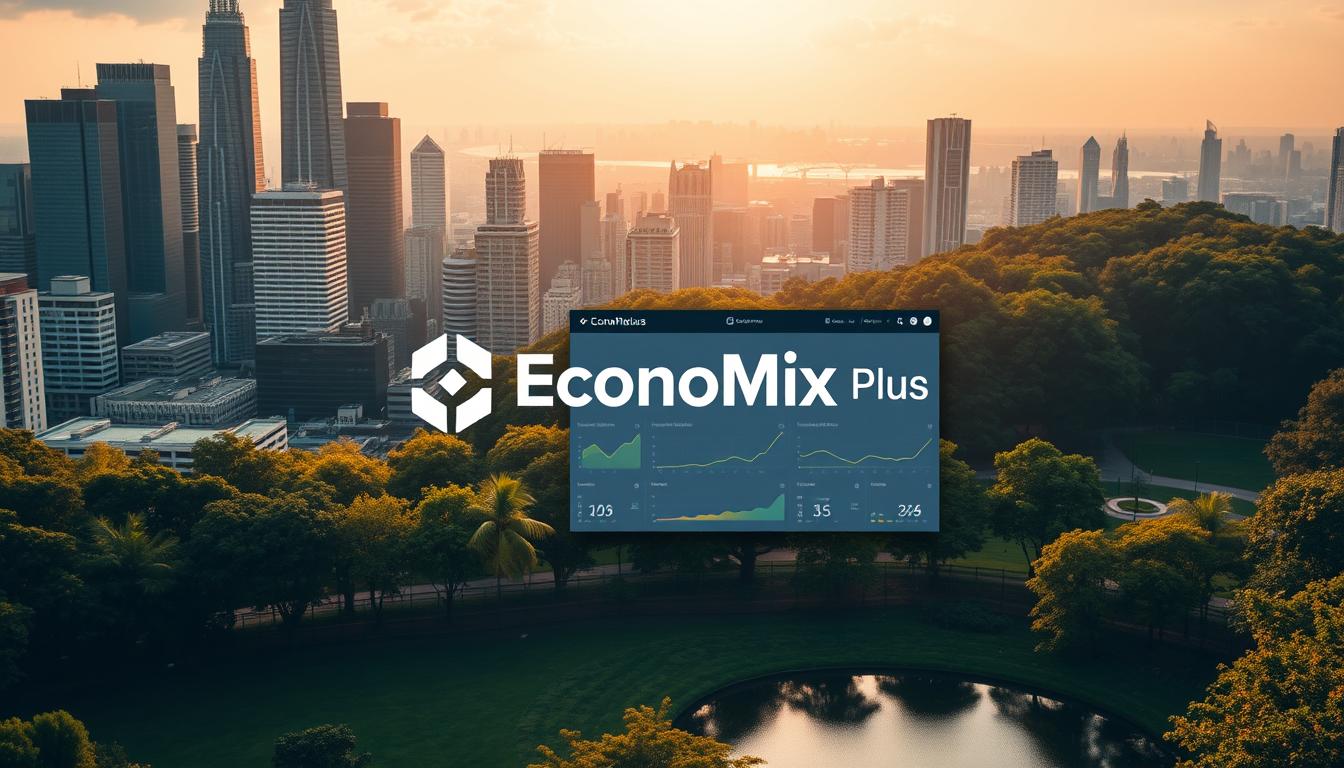 How to Stay Debt-Free After Paying Off Your Loans -EconoMix Plus A bustling city skyline with towering skyscrapers and the EconoMix Plus logo prominently displayed in the foreground. The midground features a well-organized financial dashboard with charts, graphs, and budgeting tools. In the background, a serene park with lush greenery and a peaceful pond, symbolizing the tranquility of a well-planned financial future. The scene is bathed in warm, golden lighting, creating a sense of prosperity and security. The overall composition conveys a balanced and sustainable approach to financial planning.