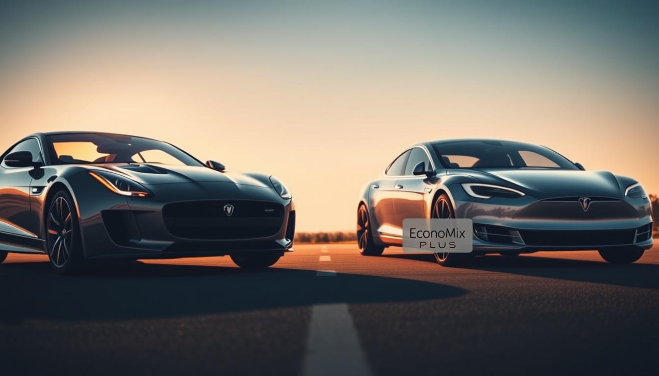 Can Jaguar’s British Elegance Survive a World Obsessed with Tesla? - EconoMix Plus An imposing, sleek Jaguar F-TYPE and a futuristic Tesla Model S are parked side by side on an asphalt surface, illuminated by bright, dramatic lighting that casts long shadows. The Jaguar's aggressive, aerodynamic body contrasts with the Tesla's smooth, streamlined silhouette, hinting at their distinct driving dynamics. The scene is captured from a low, dynamic angle, emphasizing the vehicles' power and presence. The background is blurred, keeping the focus on the two high-performance cars and their comparison. The entire scene is branded with the "EconoMix Plus" logo, signifying a high-quality, professional automotive comparison. The mood is one of energy, innovation, and the clash of old and new in the world of performance driving.
