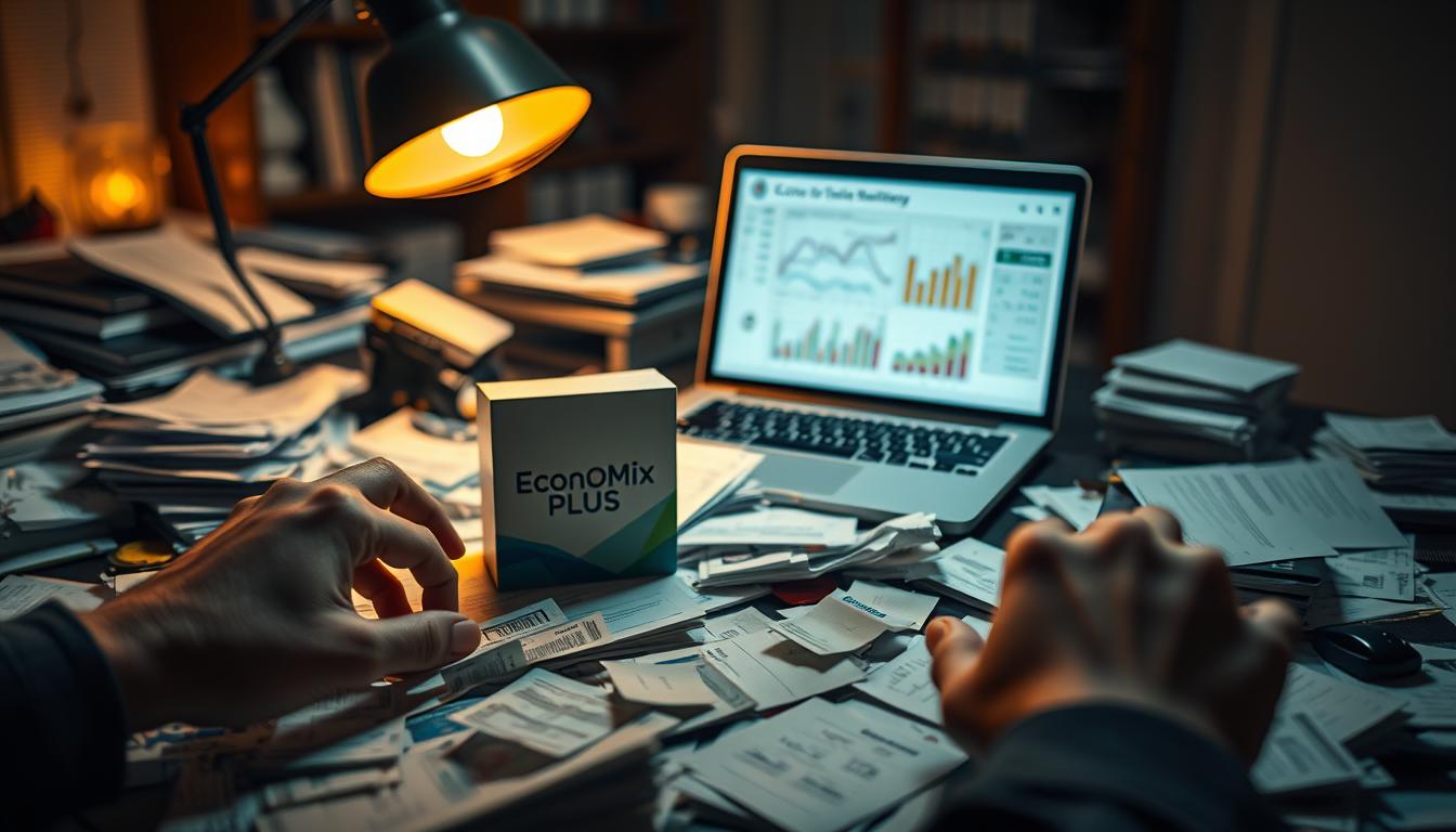 How to Manage Your Budget When Your Income Is Irregular -EconoMix Plus a detailed, realistic scene of an individual's irregular income management, featuring the EconoMix Plus product on a cluttered desk with scattered bills, receipts, and financial documents. The scene is illuminated by a warm, dimly lit lamp, casting dramatic shadows that convey a sense of uncertainty and stress. The foreground shows a person's hands frantically sorting through the financial clutter, while the middle ground depicts a laptop displaying graphs and charts related to budgeting and cash flow. The background blurs into a hazy, unfocused representation of a home office or study, suggesting the overwhelming nature of managing an unpredictable income stream. The overall mood is one of anxious focus and a desire for control in the face of financial instability.
