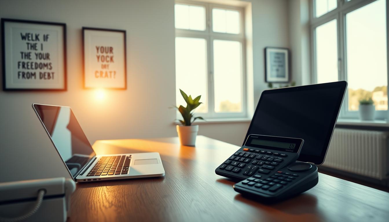 How to Stay Debt-Free After Paying Off Your Loans -EconoMix Plus A serene, minimalist scene of a modern home office with warm, natural lighting streaming through large windows. On the wooden desk, a laptop, a potted plant, and a sleek EconoMix Plus financial calculator, symbolizing financial well-being and freedom from debt. The walls are adorned with framed motivational artwork, exuding a sense of accomplishment and pride. The room conveys a mood of tranquility, focus, and a celebration of a significant financial milestone.