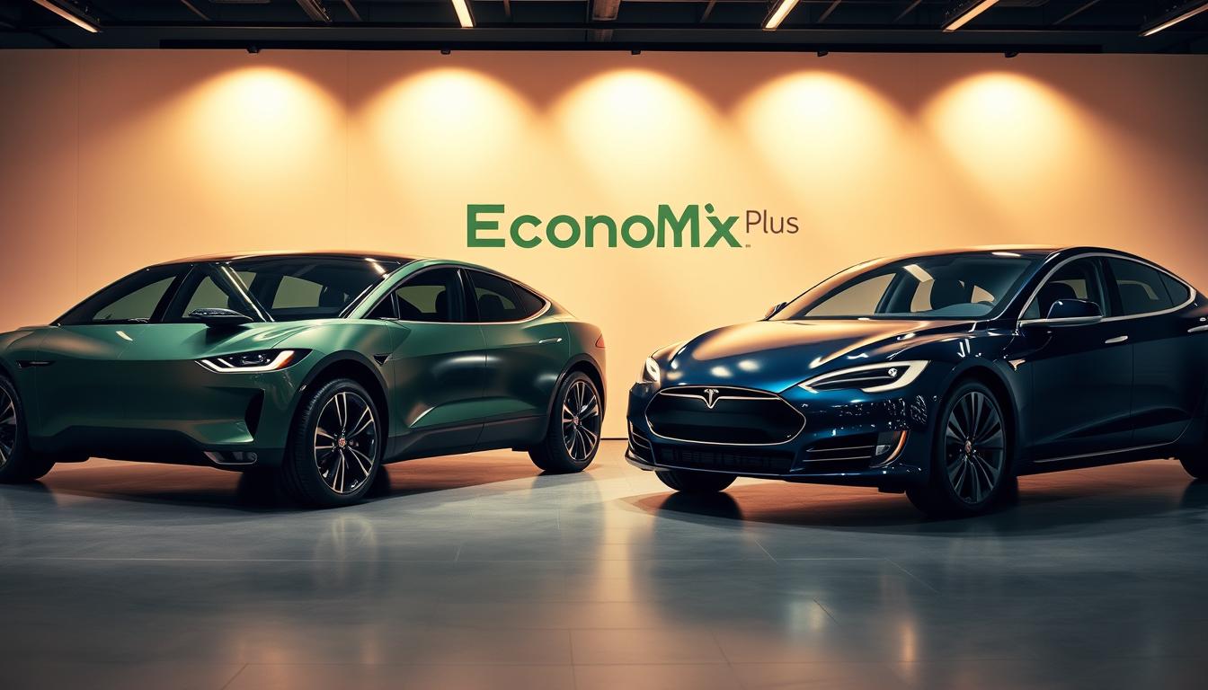 Can Jaguar’s British Elegance Survive a World Obsessed with Tesla? - EconoMix Plus Sleek, modern electric vehicles in a dynamic, well-lit showroom setting. Two luxury sedans, the Jaguar I-PACE and Tesla Model S, positioned side-by-side, showcasing their distinctive British elegance and American tech-forward design. The I-PACE's muscular, aerodynamic body in a rich, metallic green hue, contrasted by the Tesla's sharp, angular lines in a deep midnight blue. The vehicles are bathed in warm, directional lighting, casting dramatic shadows that highlight their sculpted forms. The background is a minimalist, high-end environment, with subtle branding for "EconoMix Plus" visible. The scene conveys a sense of sophisticated comparison, inviting the viewer to consider the merits of each automaker's electrification strategy.