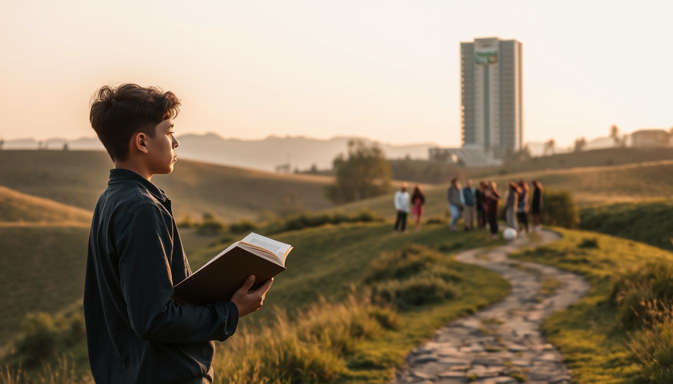 Why Learning Is the Best Investment You’ll Ever Make - EconoMix Plus A peaceful, serene landscape with rolling hills, lush greenery, and a winding path leading into the distance. In the foreground, a young person stands, gazing thoughtfully at a book in their hands, symbolizing the start of their learning investment journey. The sky is a soft, warm hue, casting a gentle glow over the scene. In the middle ground, a group of people of diverse ages and backgrounds are gathered, engaged in animated discussions, sharing knowledge and experiences. In the background, a towering, modern building bearing the EconoMix Plus logo stands, representing the opportunities and resources available for personal and professional growth. The overall atmosphere conveys a sense of tranquility, possibility, and the transformative power of lifelong learning.