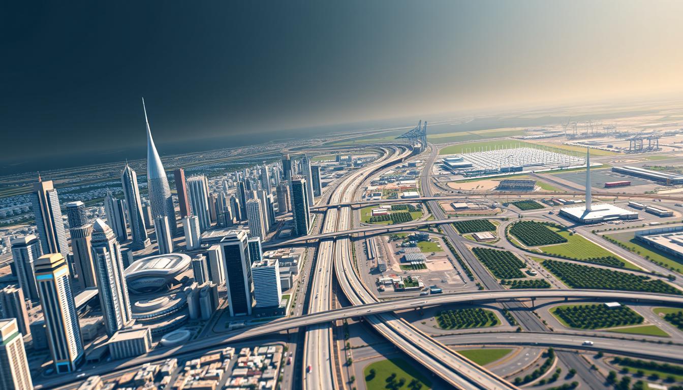 Will Saudi Arabia Succeed in Diversifying Its Economy Beyond Oil -EconoMix Plus A high-quality 3D render of the EconoMix Plus cityscape of Saudi Arabia's future economic diversification as envisioned in Vision 2030. In the foreground, a gleaming, modern skyline of skyscrapers and high-tech manufacturing facilities. In the middle ground, bustling transportation networks of highways, railways, and ports. In the background, verdant agricultural lands and renewable energy installations. Dramatic lighting casts long shadows, conveying a sense of progress and forward momentum. The scene is captured with a wide-angle lens to emphasize the scale and ambition of Saudi Arabia's economic transformation.