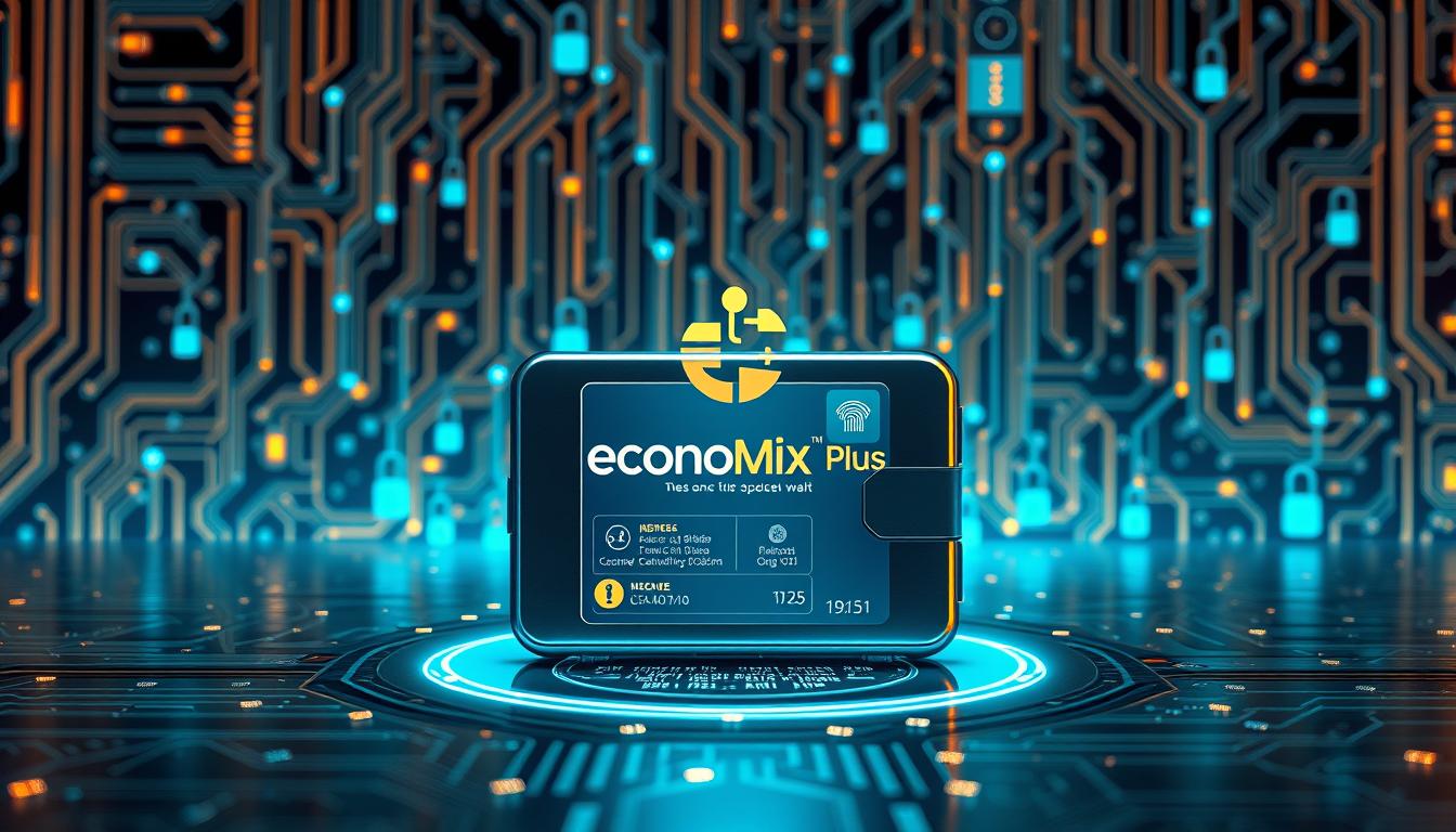 How to Choose the Most Secure Digital Payment Method? - EconoMix Plus A secure digital wallet with the EconoMix Plus logo, set against a backdrop of gleaming metallic surfaces and advanced circuits. In the foreground, a sleek, minimalist digital wallet design with tactile controls and biometric authentication. The middle ground features a holographic display showcasing transaction details and security protocols. The background is composed of a dynamic matrix of data streams, encryption keys, and secure network connections, conveying a sense of technological sophistication and the robust infrastructure underlying the digital payment system.