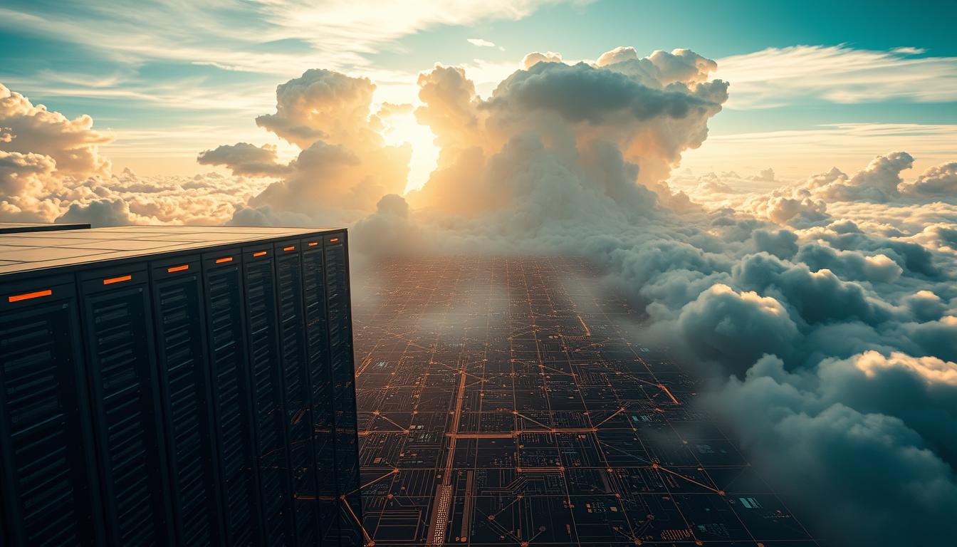 Microsoft’s Strategy to Dominate the Cloud Software Market - EconoMix Plus A stunning image of cloud computing, captured from a high vantage point. In the foreground, a sleek and modern data center, its servers and cooling systems visible through glass walls, bathed in a warm, golden light. In the middle ground, a matrix of interconnected nodes and data streams, pulsing with the energy of digital information. And in the background, an expansive sky, filled with billowing, ethereal clouds, symbolizing the boundless potential of the cloud computing landscape. The scene is imbued with a sense of technological innovation and the power of EconoMix Plus to harness the full potential of the cloud.