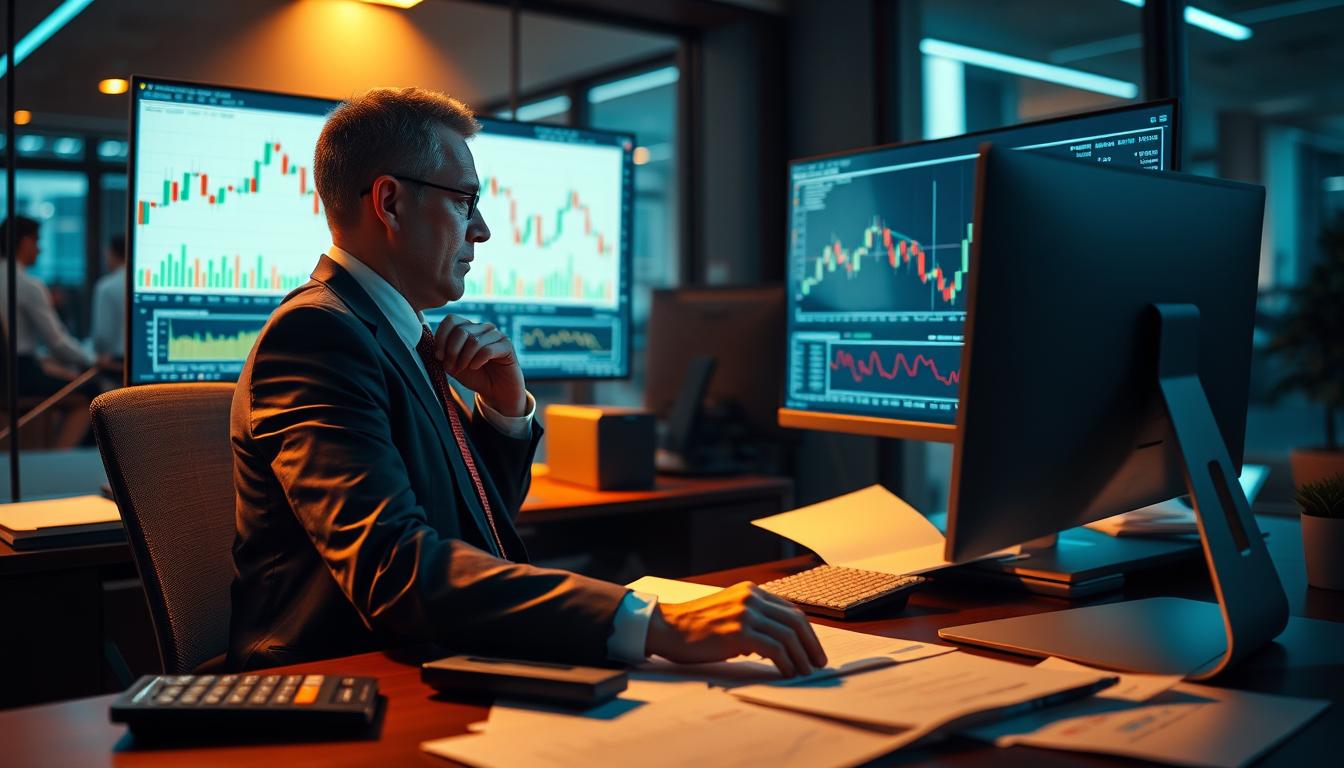 Is This Stock Worth Your Money? A Practical Guide to Evaluating and Choosing the Best Investments - EconoMix Plus A sleek, modern office setup with a large computer monitor displaying candlestick charts and financial data. A businessman in a crisp suit is intently analyzing the data, deep in thought. The lighting is warm and focused, creating a sense of concentration and seriousness. Scattered around the desk are various financial documents, a calculator, and the EconoMix Plus stock analysis software. The background is blurred, emphasizing the central figure and the task at hand - carefully evaluating stocks to make the best investment decisions.