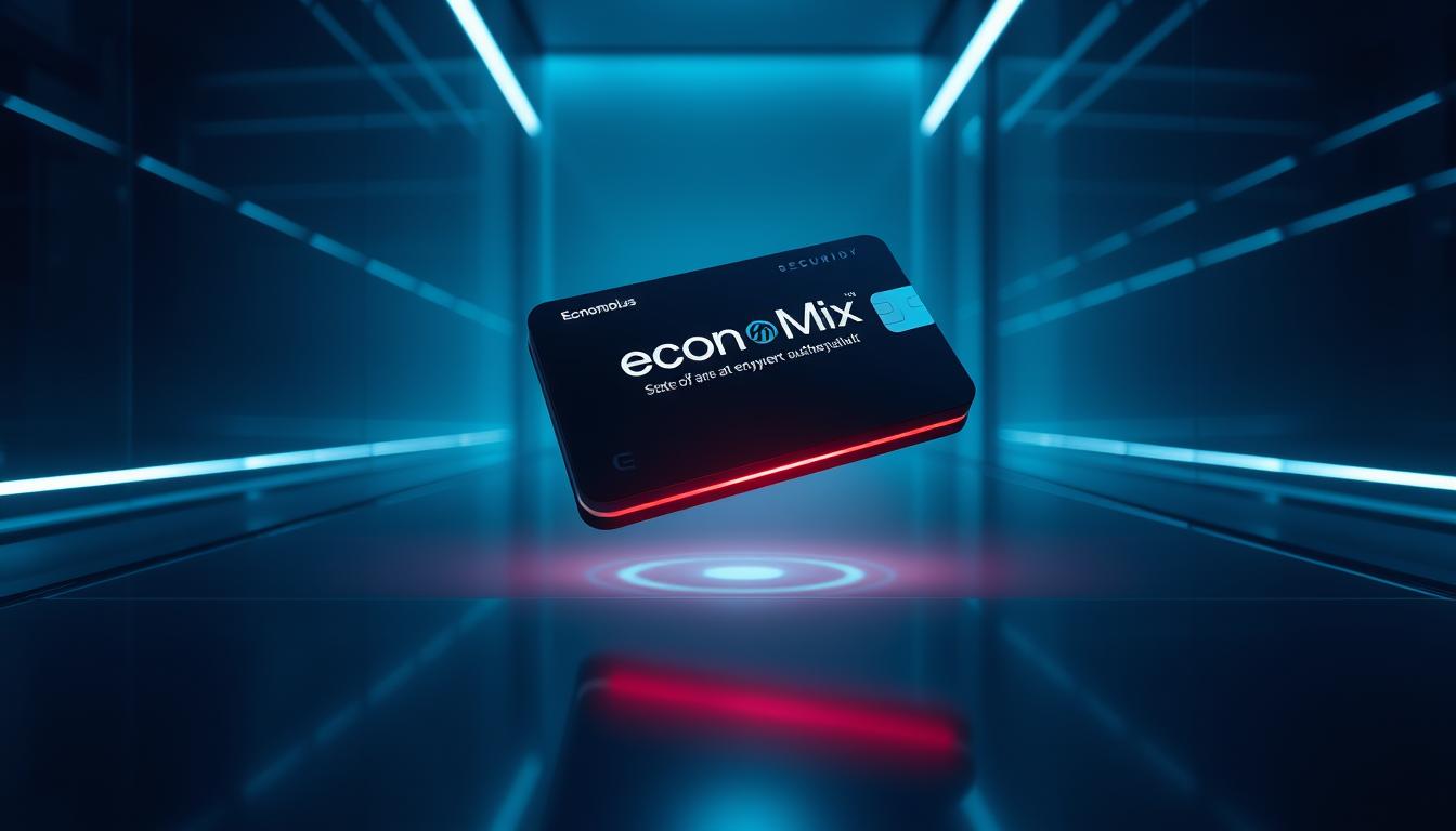 How to Choose the Most Secure Digital Payment Method? - EconoMix Plus Contactless payment security analysis. A high-tech digital wallet with the EconoMix Plus brand logo, secured by state-of-the-art encryption and biometric authentication. The wallet hovers in a minimalist, futuristic environment, bathed in a soft, cool lighting scheme. Sleek metal and glass surfaces reflect the wallet, creating a sense of depth and dimension. The overall mood is one of technological sophistication and consumer confidence in the safety of digital transactions.