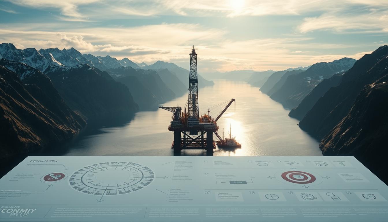 How Norway Turned Oil into Lasting Wealth - EconoMix Plus A striking illustration of the "EconoMix Plus" oil fund mechanism, showcasing Norway's innovative approach to managing its natural resource wealth. In the foreground, a detailed diagram depicts the intricate workings of the fund, with arrows and infographic elements guiding the viewer through the process. The mid-ground features a panoramic view of the Norwegian fjords, their rugged beauty a testament to the country's environmental stewardship. In the background, a majestic oil rig stands tall, a symbol of Norway's energy prowess, seamlessly integrated into the natural landscape. The lighting is crisp and directional, casting dramatic shadows and highlights that emphasize the technical and financial complexity of the fund, while the cinematic camera angle conveys a sense of grandeur and importance.