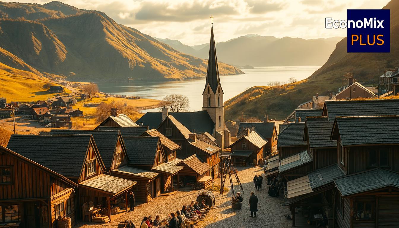 How Norway Turned Oil into Lasting Wealth - EconoMix Plus A pre-industrial Norwegian village nestled amidst rolling hills, with traditional wooden houses and cobblestone streets. The scene is bathed in warm, golden sunlight, conveying a sense of prosperity and tranquility. In the foreground, a bustling marketplace showcases the vibrant economy, with merchants selling a variety of local goods. In the middle ground, a towering church steeple stands as a symbol of the nation's spiritual and cultural heritage. The background features a majestic fjord, its serene waters reflecting the surrounding landscape. The overall atmosphere evokes a thriving, self-sufficient economy before the discovery of oil. In the corner, the "EconoMix Plus" logo subtly hints at the impending economic transformation.
