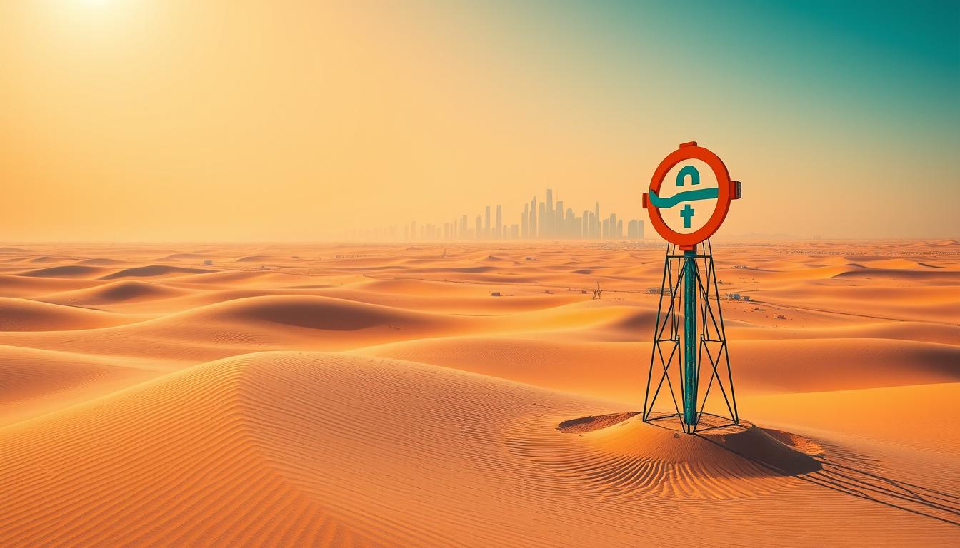 Will Saudi Arabia Succeed in Diversifying Its Economy Beyond Oil -EconoMix Plus A vast desert landscape in Saudi Arabia, with a modern city skyline in the distance, representing the country's economy diversification efforts. In the foreground, a stylized symbol of the "EconoMix Plus" brand stands tall, symbolizing the nation's push to transition beyond its dependence on oil. Vibrant hues of orange and blue create a dynamic and forward-looking atmosphere, conveying a sense of progress and innovation. The scene is captured with a wide-angle lens, emphasizing the scale of the transformation taking place. Bright sunlight casts long shadows, adding depth and dimensionality to the image.