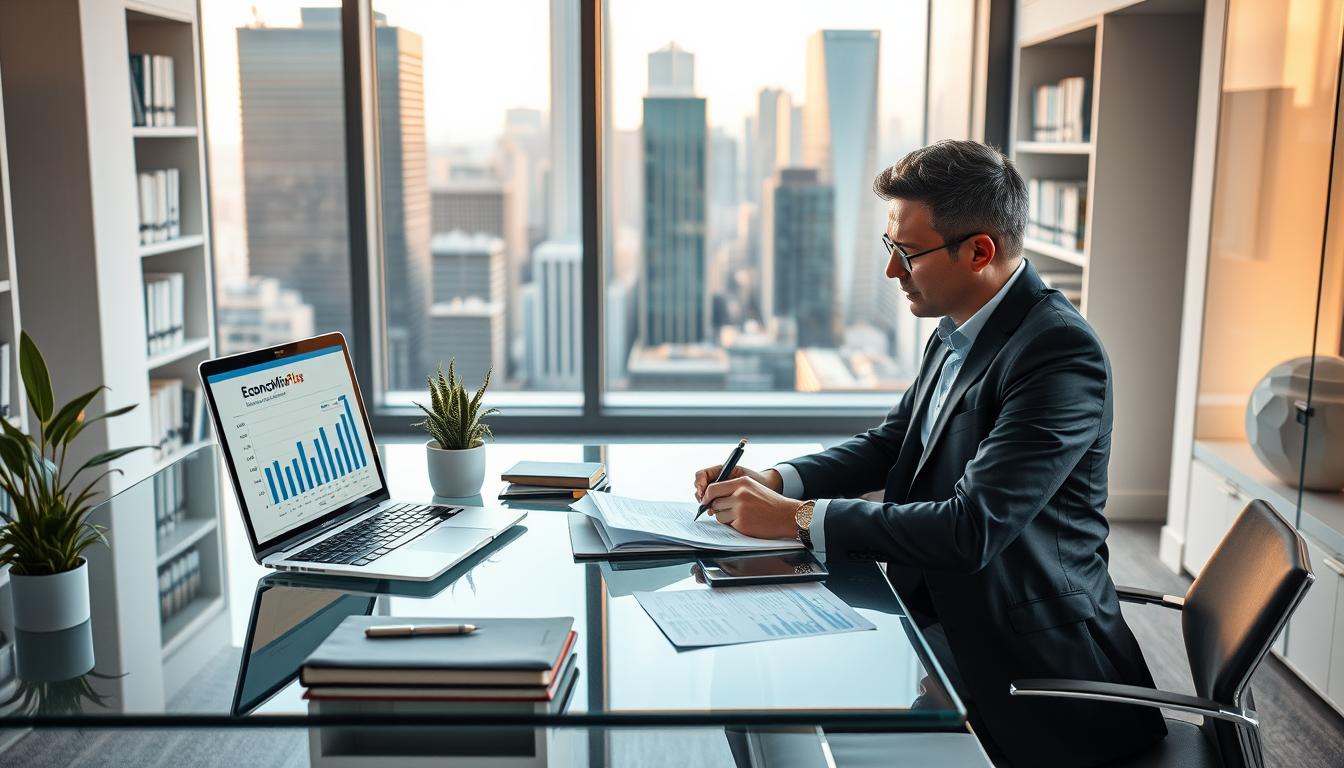How to Start a Small Business and Grow It Quickly - EconoMix Plus A modern office interior with a clean, minimalist aesthetic. In the foreground, a businessperson sits at a sleek glass desk, intently studying financial documents and making notes with a pen. On the desk, an open laptop displays a business planning software called "EconoMix Plus". Strategically placed around the desk are various office supplies and a potted plant, adding a touch of greenery. The middle ground features a large window overlooking a bustling city skyline, bathing the room in warm, natural light. In the background, shelves filled with books and folders suggest a well-organized and productive workspace. The overall mood is one of focus, efficiency, and a commitment to thoughtful, data-driven business planning.