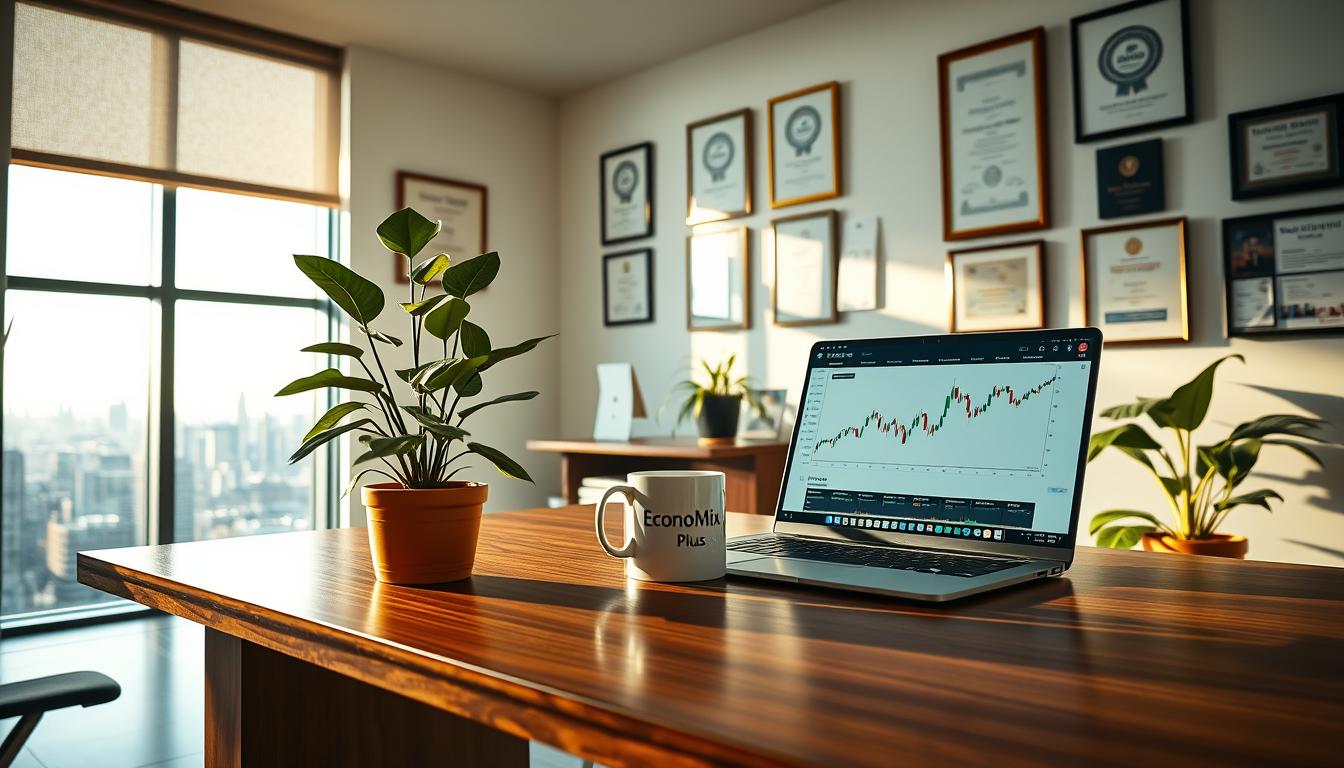 Is This Stock Worth Your Money? A Practical Guide to Evaluating and Choosing the Best Investments - EconoMix Plus A serene, modern office space bathed in warm, natural lighting. On a polished wooden desk, an open laptop displays a stock trading dashboard, alongside a potted plant and a mug emblazoned with the "EconoMix Plus" logo. Framed certificates and awards adorn the walls, conveying a sense of ethical, responsible investing. In the background, a large window overlooks a bustling city skyline, symbolizing the global reach of this sustainable financial approach. The overall atmosphere is one of thoughtful stewardship, technological sophistication, and environmental consciousness.