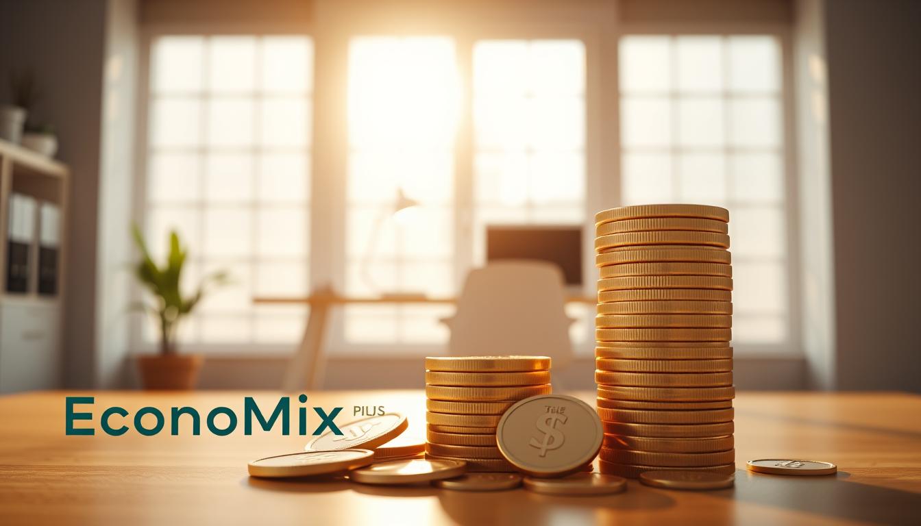 How to Manage Your Budget When Your Income Is Irregular -EconoMix Plus A stack of gold coins representing a growing emergency fund, set against a backdrop of a minimalist, light-filled office space. The scene is illuminated by warm, natural lighting from a large window, casting a soft glow on the metallic coins. The foreground features the EconoMix Plus logo, subtly integrated into the design. The middle ground showcases a sleek, modern desk with a laptop and a potted plant, symbolizing the careful, disciplined approach to building financial security. The background is a serene, uncluttered space, reflecting the peace of mind that comes with a well-funded emergency reserve.