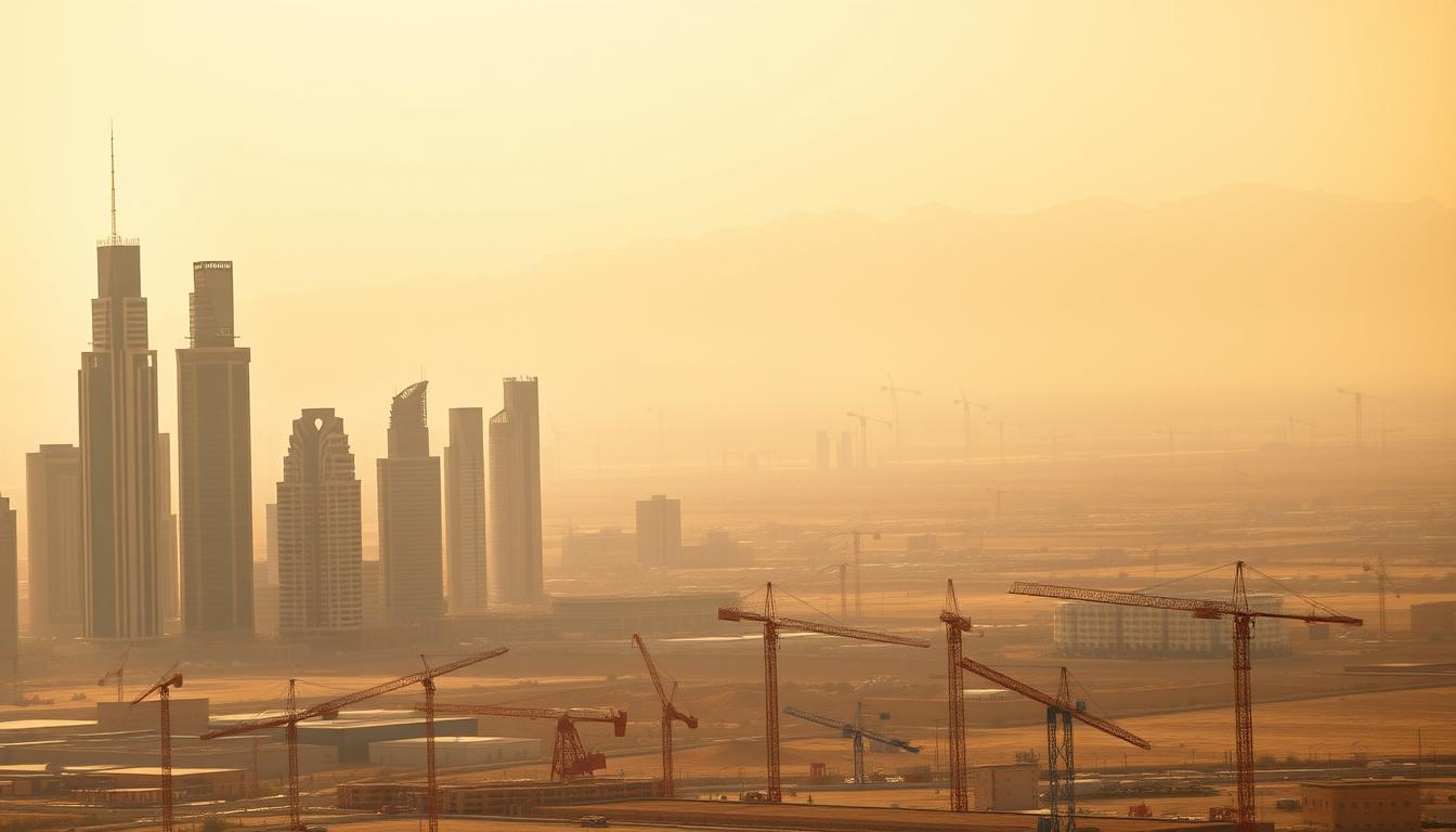 Will Saudi Arabia Succeed in Diversifying Its Economy Beyond Oil -EconoMix Plus A sweeping vista of the Saudi Arabian landscape, with towering skyscrapers of the modern city skyline rising in the foreground. In the middle ground, a bustling economic hub, with cranes and construction equipment dotting the scene, symbolizing the ongoing transformation. The background is dominated by the distinct silhouettes of oil rigs, a nod to the nation's economic reliance on fossil fuels. The lighting is warm and golden, casting a hazy, almost dreamlike quality over the entire composition. The scene is captured through the lens of the "EconoMix Plus" camera, showcasing the interplay between Saudi Arabia's traditional oil industry and its efforts to diversify its economy.