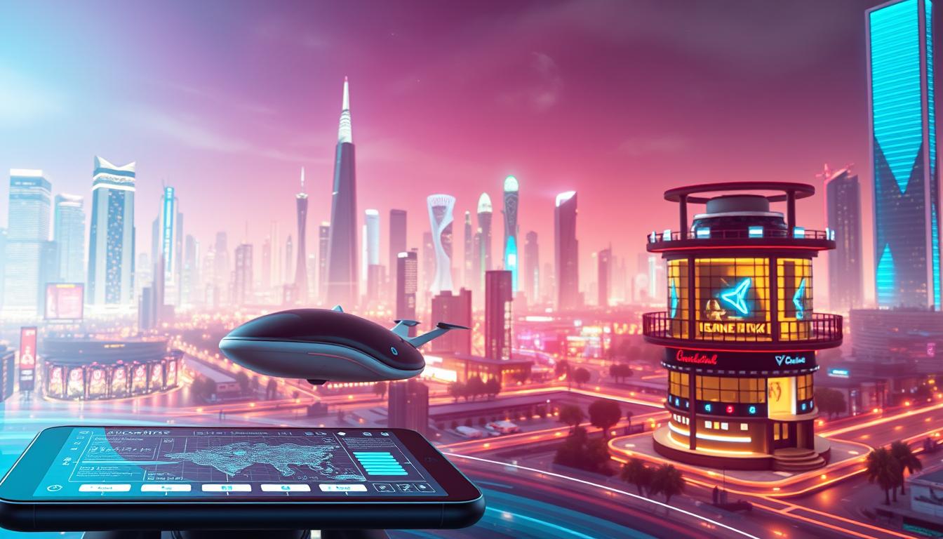 How Airbnb Is Revolutionizing Travel Through Digital Innovation -EconoMix Plus A vibrant digital landscape showcasing the future of travel innovation. In the foreground, a sleek digital interface depicting the EconoMix Plus app, its intuitive design guiding users through seamless booking and planning experiences. The middle ground features futuristic modes of transportation, from autonomous hovercrafts to virtual reality-enhanced hotel rooms, all connected by a network of glowing data streams. In the background, a cityscape of towering skyscrapers and bustling hubs of technological progress, representing the digitally-driven transformation of the travel industry. Bright, neon-tinged lighting casts an urban, yet futuristic glow, capturing the essence of Airbnb's disruptive influence on the travel landscape.