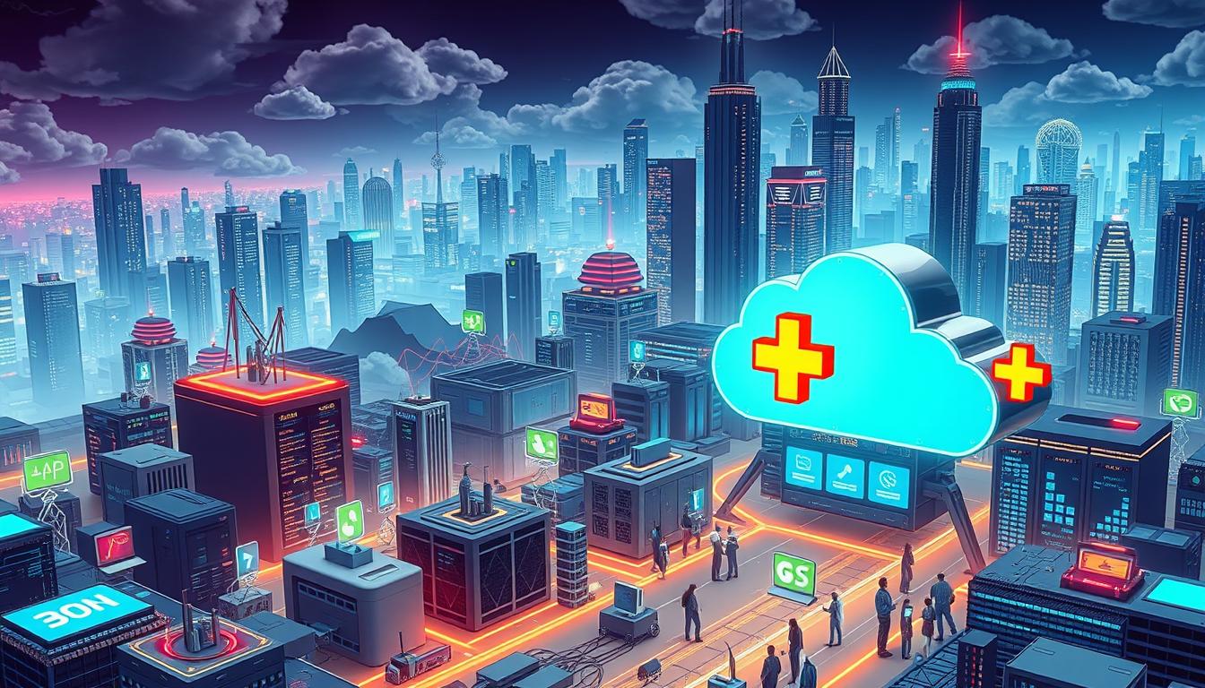 Microsoft’s Strategy to Dominate the Cloud Software Market - EconoMix Plus Detailed digital illustration of a bustling cloud software market, with a vibrant EconoMix Plus logo prominently displayed. The scene depicts a dynamic, three-dimensional landscape of cloud computing infrastructure, data centers, and networked devices. The foreground showcases various software applications and platforms, represented by abstract geometric shapes and icons. The middle ground features a thriving ecosystem of cloud-based services, while the background is filled with towering skyscrapers, representing the global scale of the cloud software industry. The lighting is crisp and directional, creating depth and highlighting the technological elements. The overall mood is one of growth, innovation, and technological prowess.