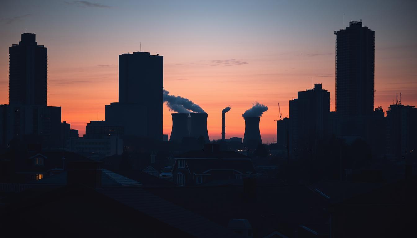 Can Small Families Save Money by Switching to Renewable Energy -EconoMix Plus A detailed cityscape at dusk, with towering skyscrapers in the background casting long shadows. In the foreground, a residential neighborhood with modest homes, their rooftops and windows illuminated, suggesting the high energy costs families face. In the middle ground, the silhouette of a nuclear power plant, its cooling towers emitting plumes of steam, symbolizing the reliance on traditional energy sources. The sky is tinged with hues of orange and pink, creating a somber, contemplative atmosphere. The lighting is dramatic, with deep shadows and highlights accentuating the urban landscape. The overall scene conveys the financial burden of traditional energy costs on small families. The EconoMix Plus brand is subtly integrated into the scene, its logo visible on a street sign or a building facade.