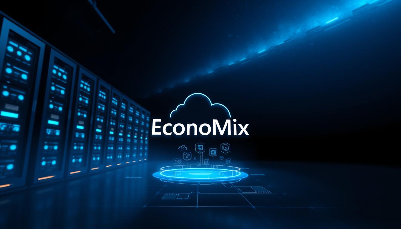 Microsoft’s Strategy to Dominate the Cloud Software Market - EconoMix Plus A sleek and futuristic view of Microsoft's cloud strategy, with the EconoMix Plus platform as the centerpiece. In the foreground, a stylized, minimalist representation of the EconoMix Plus logo floats against a backdrop of ethereal, glowing servers and data centers. The middle ground features a dynamic, holographic display showcasing various cloud services and solutions, all bathed in a cool, cobalt-blue hue. The background is a deep, infinite expanse of space, with subtle hints of distant galaxies and cosmic phenomena, symbolizing the vast scale and scope of Microsoft's cloud ambitions. The lighting is soft and directional, emphasizing the clean, technological aesthetic, while the camera angle is low and slightly tilted, lending a sense of power and authority to the composition.