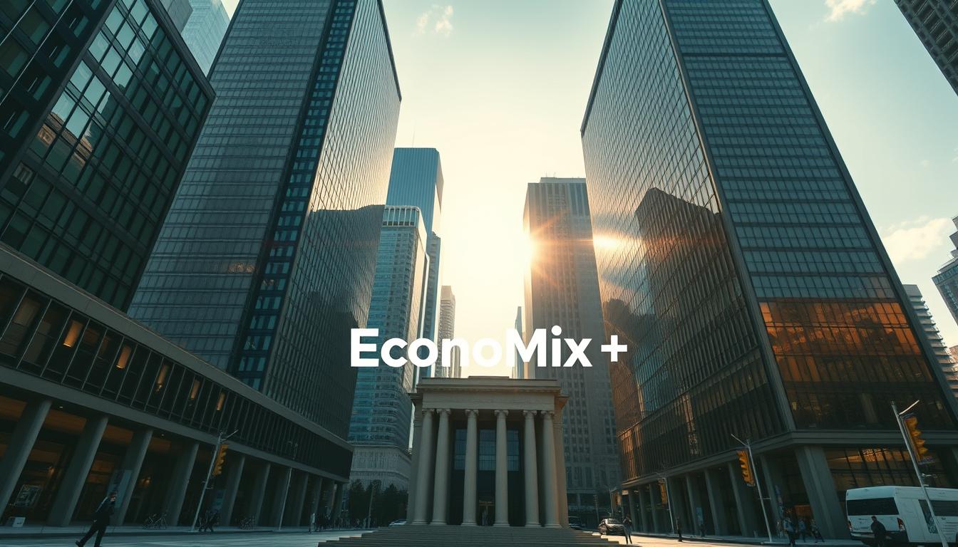 What Are the Reasons Behind the Central Bank's Decision to Raise Interest Rates?- EconoMix Plus A sleek, modern financial center in a bustling metropolitan setting. Imposing skyscrapers reaching towards the sky, their glass facades gleaming in the warm sunlight. In the foreground, the iconic EconoMix Plus logo stands proudly, symbolizing the central bank's role in maintaining economic stability. The scene exudes a sense of power, authority, and steady control, with the buildings casting long shadows that convey a feeling of solidity and reliability. Intricate architectural details, precise lines, and a subtle play of light and shadow create a visually striking and technologically advanced atmosphere, reflecting the central bank's mission to guide the economy through turbulent times.