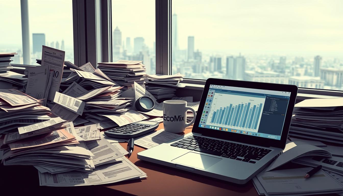 What Are the Debt Management Mistakes You Should Avoid? -EconoMix Plus A cluttered desktop covered in bills, receipts, and financial documents. In the foreground, a laptop displays the EconoMix Plus debt management software, its interface projecting a sense of control and organization. Soft, muted lighting casts shadows, creating a contemplative atmosphere. The middle ground features a calculator, pen, and coffee mug, hinting at the analytical work required for effective debt management. In the background, a window overlooking a city skyline, symbolizing the broader financial landscape. The overall scene conveys the complexity and importance of understanding the impact of poor debt management.