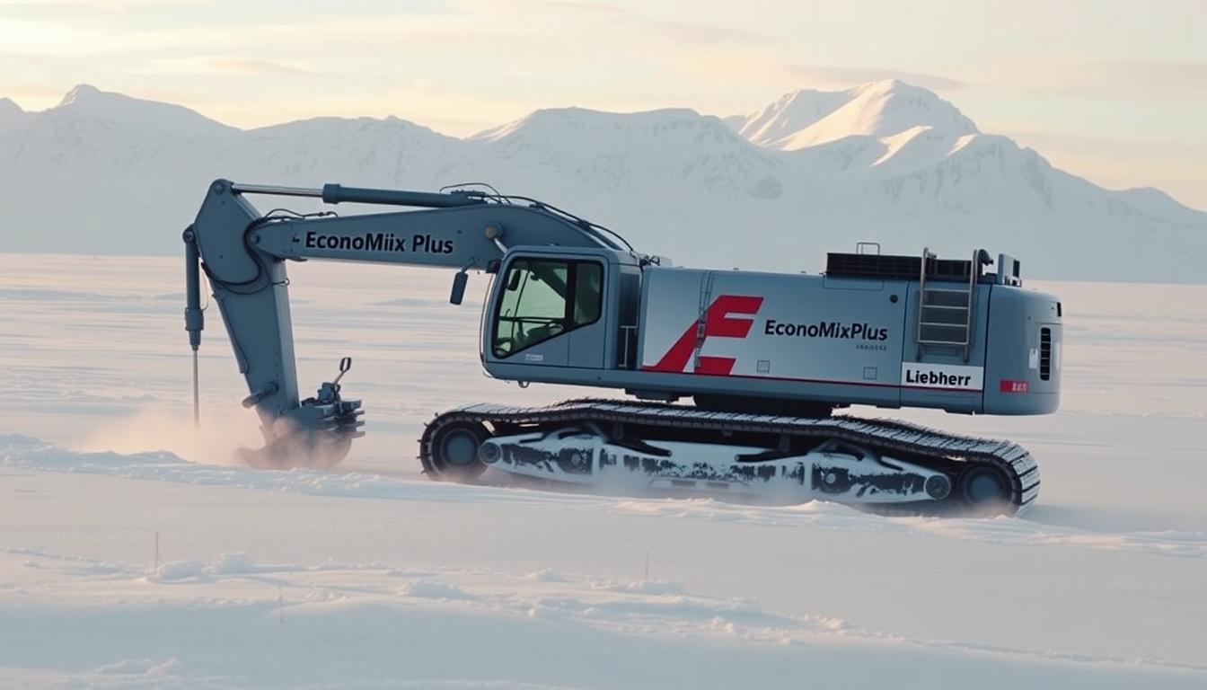 Why the World’s Toughest Projects Rely on Liebherr - EconoMix Plus A rugged Liebherr excavator, adorned with the EconoMix Plus branding, navigates the frozen tundra of the Arctic. Its massive treads carve through the pristine, snow-covered landscape, while its powerful hydraulic arm effortlessly lifts and moves heavy construction materials. In the distance, a towering mountain range stands sentinel, bathed in the soft, golden glow of the Arctic sun. The scene exudes a sense of resilience, technological prowess, and the indomitable spirit required to tackle the world's most challenging construction projects, even in the harshest of environments.