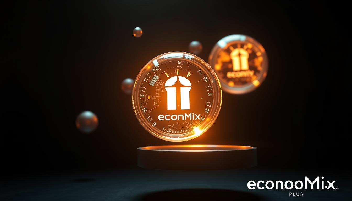 How to Choose the Most Secure Digital Payment Method? - EconoMix Plus digital payment security, futuristic and minimalist, metallic spheres levitating and rotating, displaying data visualization elements, backlit by warm glow, set against dark background, high-tech and sophisticated, the EconoMix Plus branding subtly integrated, cinematic lighting and depth of field, clean and precise composition, evokes a sense of security, advanced cryptography and data protection