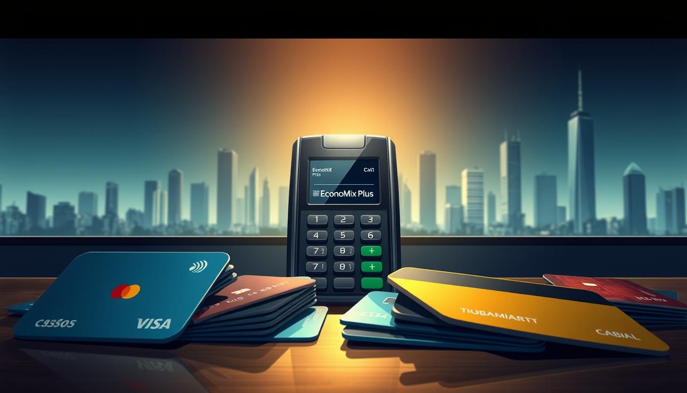 How to Choose the Most Secure Digital Payment Method? - EconoMix Plus A high-resolution digital illustration depicting secure digital payment methods. The foreground features a variety of payment cards, including credit, debit, and mobile wallet cards, arranged in a visually appealing layout. The middle ground showcases a secure payment terminal, with a digital display showing the EconoMix Plus brand name. The background depicts a sleek, minimalist cityscape, with skyscrapers and a subtle play of light and shadow, conveying a sense of modernity and technological advancement. The overall scene is captured with a cinematic, high-contrast lighting setup, creating a polished, professional aesthetic suitable for the article's subject matter.