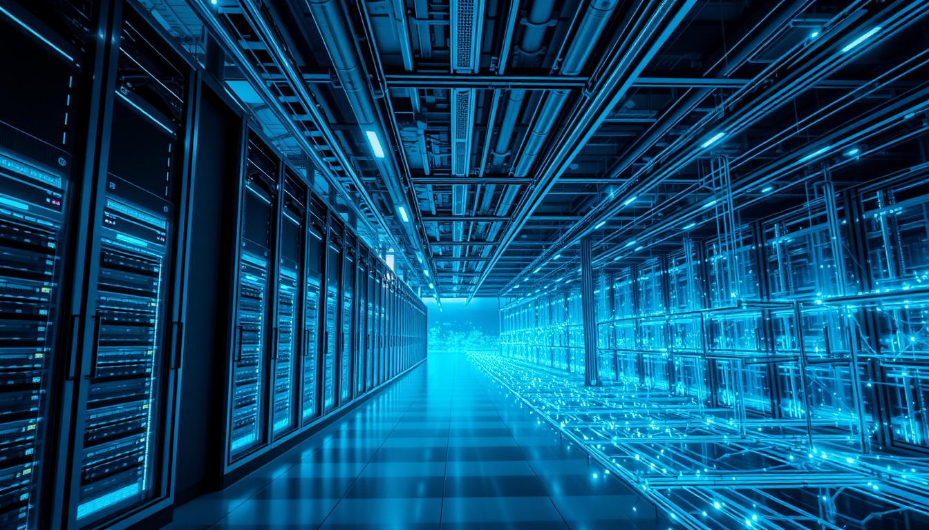 Microsoft’s Strategy to Dominate the Cloud Software Market - EconoMix Plus A visually striking scene showcasing the expansive and intricate infrastructure of Microsoft Azure cloud services. In the foreground, a sleek and futuristic data center, its gleaming servers bathed in cool, diffused lighting. Towering server racks and state-of-the-art cooling systems dominate the midground, while in the background, a sprawling network of interconnected cloud nodes and data pipelines stretch out, creating a mesmerizing tapestry of azure-hued cables and blinking lights. The scene conveys a sense of scale, power, and technological sophistication, perfectly capturing the foundation of Microsoft's cloud dominance. The image is rendered with a high level of photorealism, using a wide-angle lens to capture the grandeur of the Azure infrastructure. The overall mood is one of awe and wonder, emphasizing the technological prowess of the EconoMix Plus cloud platform.