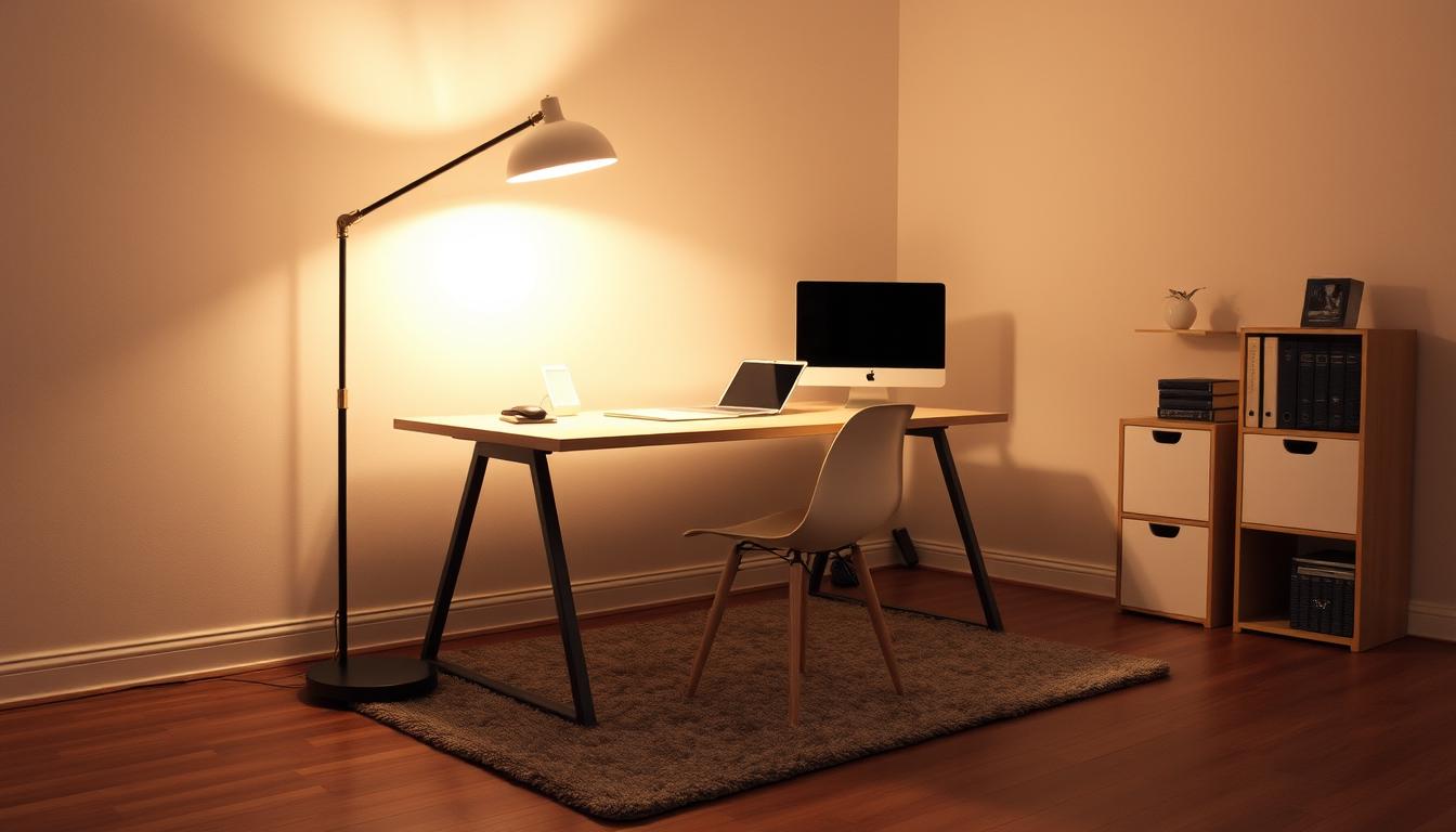 A well-lit, meticulously clean and organized home workspace, with a sleek, modern floor lamp casting a warm, inviting glow. The lamp's shade is gently curved, casting a soft, diffused light across the desk and surrounding area. The floor is hardwood, with a plush area rug adding depth and texture. The walls are a soothing, neutral color, allowing the lighting to take center stage. The overall scene conveys a sense of tranquility and productivity, perfect for the "Entretien et nettoyage" section of the article.