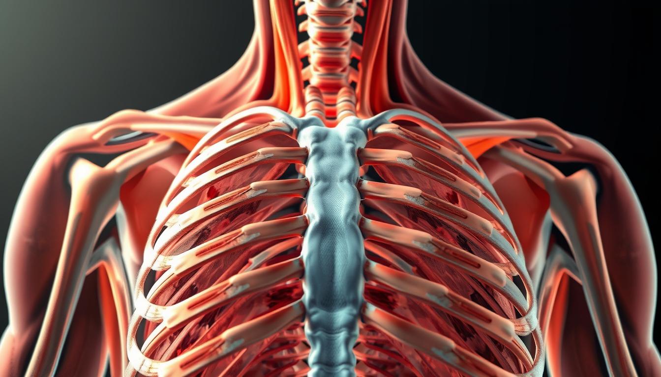 Detailed medical image of thoracic muscle pain, showcasing intricate layers of intercostal musculature, rib cage, and lung tissue. Soft, muted lighting illuminates the scene, providing a clinical yet thoughtful atmosphere. High-resolution CT or MRI scan-like perspective, capturing the nuanced structures with photorealistic precision. Subtle shades of gray, beige, and blue tones convey the diagnostic nature of the subject matter. Careful balance of technical accuracy and artistic interpretation to illustrate the advancements in medical imaging for assessing thoracic muscle and lung conditions.