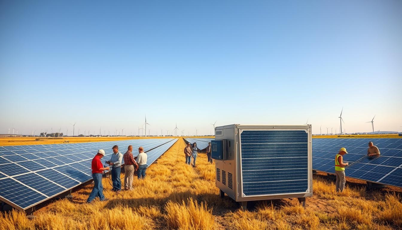 A vast, sun-drenched field with rows of sleek, modern solar panels gently tilting towards the sky. In the foreground, a 5000W solar generator hums quietly, its metallic casing gleaming in the warm light. Surrounding it, people of all ages engage in various activities - charging electric vehicles, powering outdoor tools, or simply enjoying the renewable energy. The middle ground features a group of technicians, meticulously maintaining the system, ensuring maximum efficiency and reliability. In the distance, the horizon is dotted with wind turbines, creating a harmonious symphony of sustainable energy generation. The overall scene conveys a sense of progress, innovation, and a future powered by clean, renewable sources.