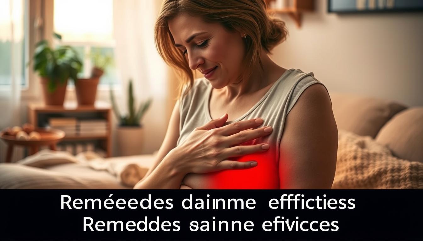 A cozy home setting with a woman gently applying a soothing compress to her side, showcasing an effective at-home remedy for intercostal pain. The scene is bathed in warm, soft lighting, creating a sense of comfort and relaxation. The woman's expression conveys relief as she attends to her ailment, surrounded by simple yet comforting household items. The composition emphasizes the simplicity and accessibility of this natural solution, reflecting the &quot;Remèdes maison efficaces&quot; section of the article.