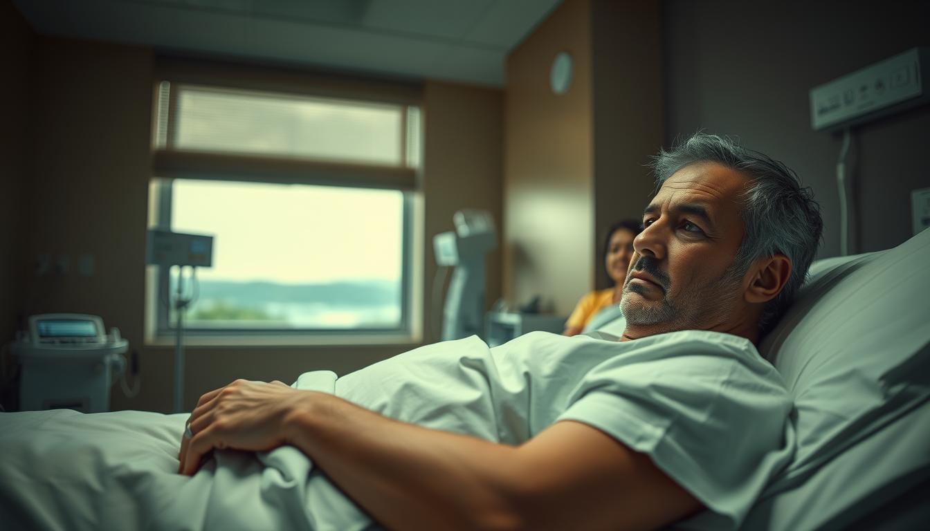 A serene, dimly lit hospital room, the walls painted in soothing tones. In the foreground, a patient resting on the bed, their face etched with a mix of concern and determination, as they navigate the emotional journey of post-operative recovery. Nearby, a family member or caregiver sits attentively, offering a comforting presence. The lighting is soft and warm, creating a sense of tranquility. In the background, medical equipment and a window overlooking a calming landscape, suggesting the patient's gradual progress towards physical and mental well-being.