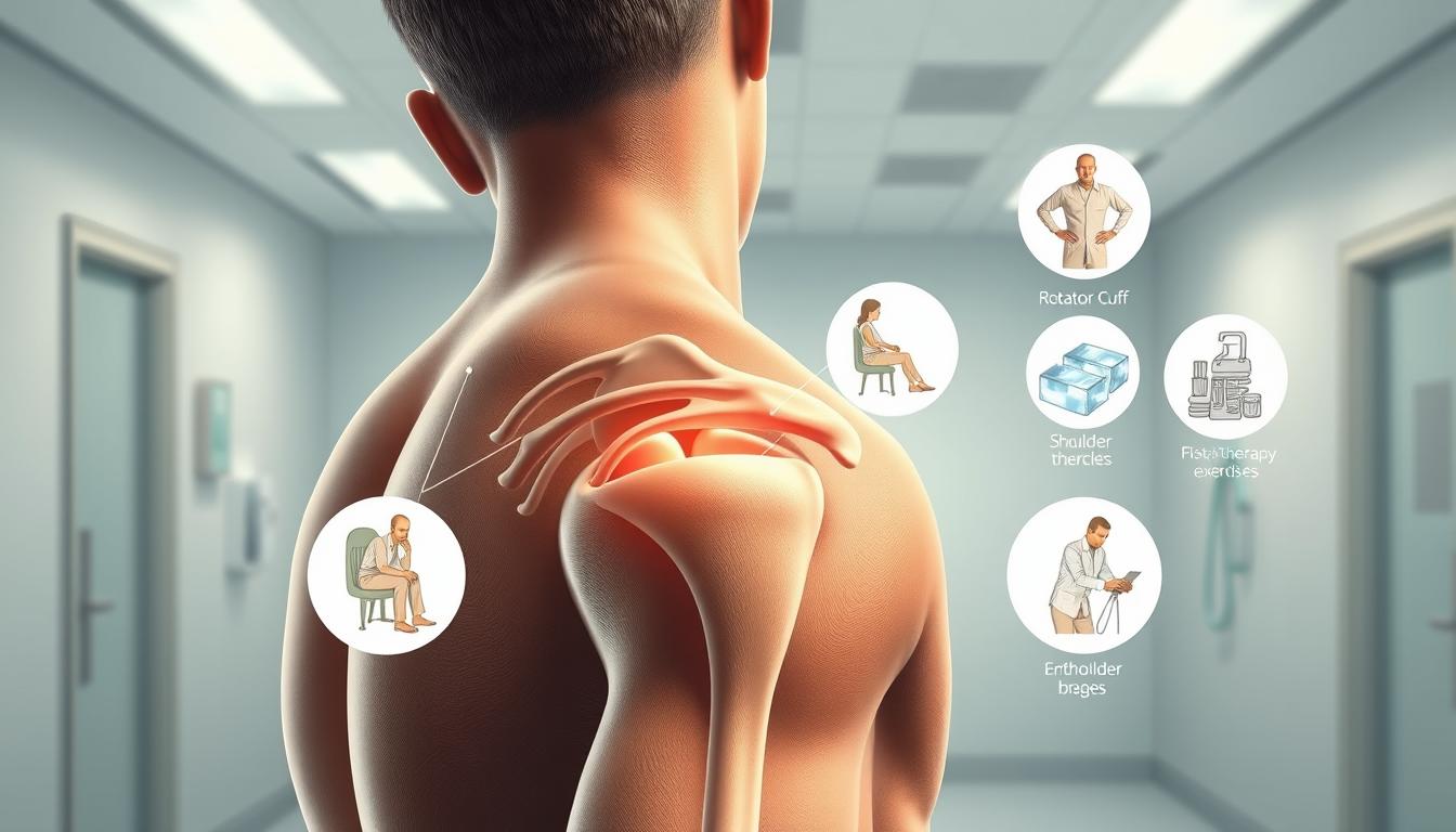 A high-quality, realistic medical illustration depicting the prevention of recurrent shoulder pain. The foreground shows a detailed human shoulder joint, with the rotator cuff muscles and tendons clearly visible. In the middle ground, various therapeutic interventions are illustrated, such as physical therapy exercises, ice packs, and shoulder braces. The background depicts a calming, sterile medical environment with muted colors and soft lighting, conveying a sense of care and recovery. The image should have a clean, educational style suitable for a medical publication, with a focus on anatomical accuracy and the practical steps for preventing further shoulder pain.