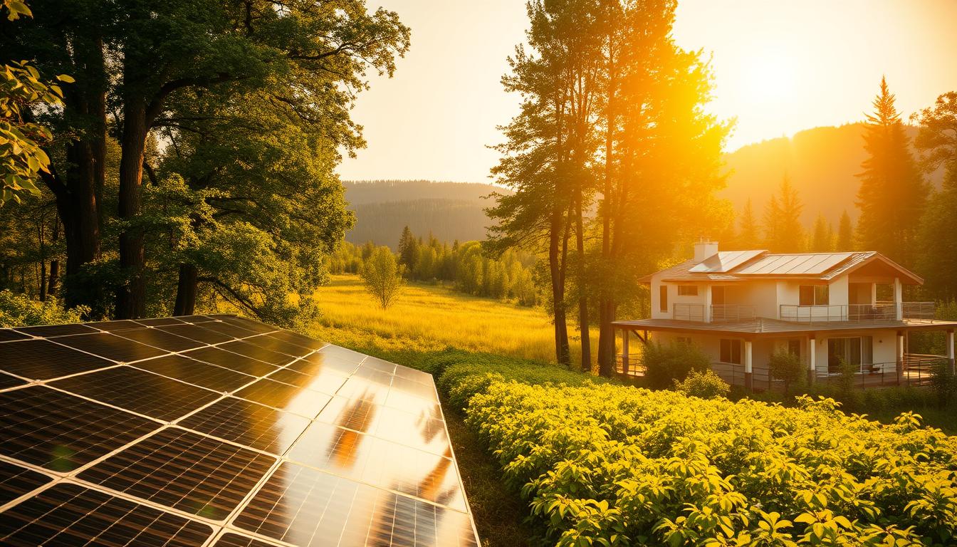 A lush, verdant landscape bathed in warm, golden sunlight. In the foreground, a thriving solar panel array seamlessly integrated into the natural environment, its sleek black panels capturing the sun's rays. Towering trees and lush foliage frame the scene, creating a sense of harmony between technology and nature. In the middle ground, a clean, modern home with solar panels on the roof, its energy-efficient design blending effortlessly with the surroundings. In the distance, a pristine, untouched wilderness, showcasing the environmental benefits of solar power. The overall composition conveys a message of sustainability, clean energy, and a harmonious coexistence between human innovation and the natural world.