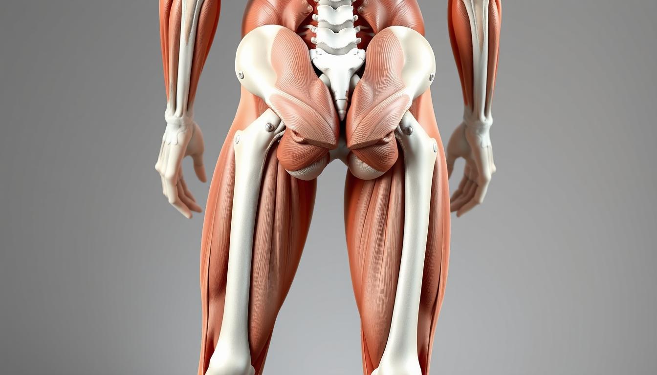 A detailed anatomical illustration of the adductor muscles in the human lower body, depicting the various muscle groups and their attachments. The image should be rendered in a clean, medical style with a neutral color palette, emphasizing the musculature and skeletal structure. Lighting should be directional, casting subtle shadows to enhance the three-dimensional form. The viewpoint should be slightly elevated, allowing for a clear view of the entire adductor region. The background should be minimalist, with a soft, blurred gradient to maintain the focus on the anatomical subject matter.