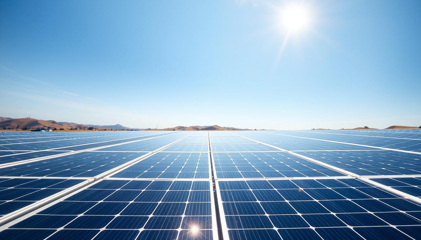A sun-drenched solar panel array set against a clear blue sky, capturing the power of renewable energy. In the foreground, sleek photovoltaic panels glisten, their angles optimized for maximum sunlight absorption. A crisp, clean design showcases the technical prowess behind these efficient systems. The middle ground reveals a neatly organized grid of panels, their interconnected nature hinting at the scalability and modularity of solar technology. In the distance, rolling hills or cityscape provide a contextual backdrop, emphasizing the versatility of solar power in diverse environments. Lighting is natural and evenly distributed, highlighting the panels' pristine surfaces and the overall harmonious integration with the surroundings. A sense of progress and environmental consciousness pervades the scene, inviting the viewer to explore the topic of solar panel efficiency and economic viability.