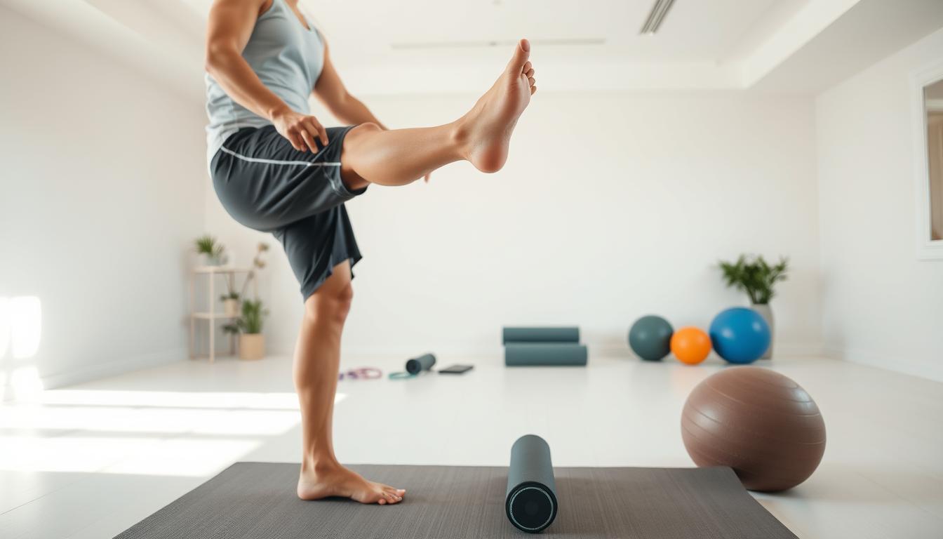 A well-lit studio scene featuring a person performing various exercises to alleviate pain in the top of the foot. The foreground shows a person in athletic clothing stretching and flexing the foot, with a focus on the dorsiflexion and eversion movements. The middle ground features a selection of props like resistance bands, foam rollers, and massage balls to aid in the rehabilitation process. The background has a clean, minimalist aesthetic with a soft, neutral color palette to create a calming, therapeutic atmosphere. The lighting is natural and diffused, creating a gentle, soothing ambiance. The camera angle is slightly elevated to provide a clear view of the foot and leg movements.